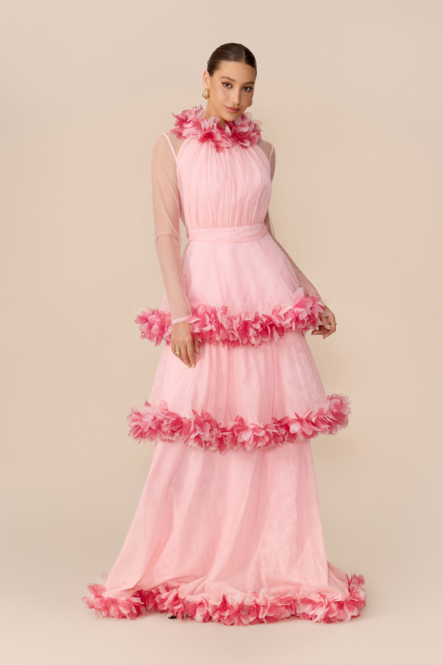 Softly Adored Pink Floral Trim Tiered Maxi Dress
