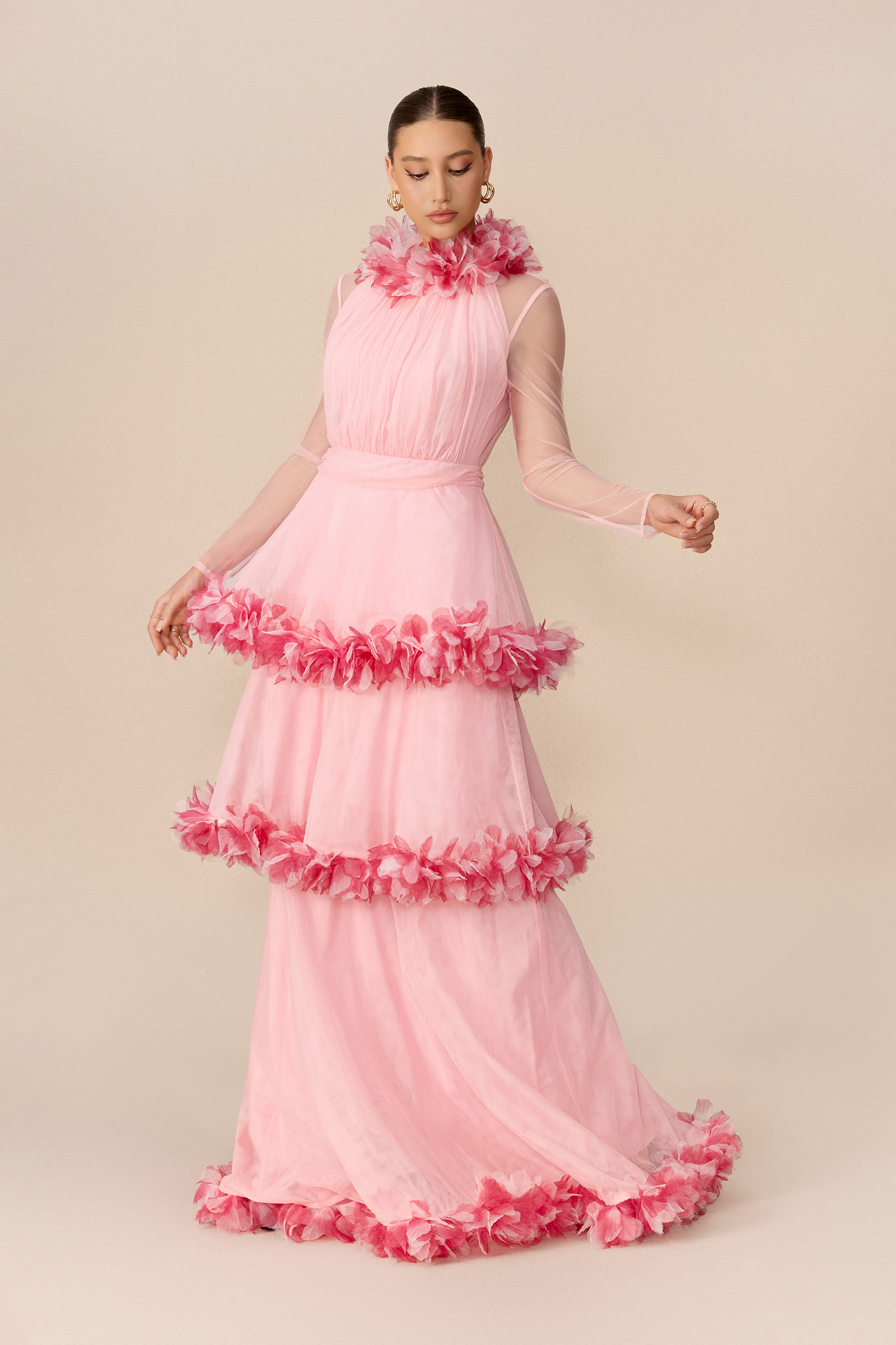 Softly Adored Pink Floral Trim Tiered Maxi Dress