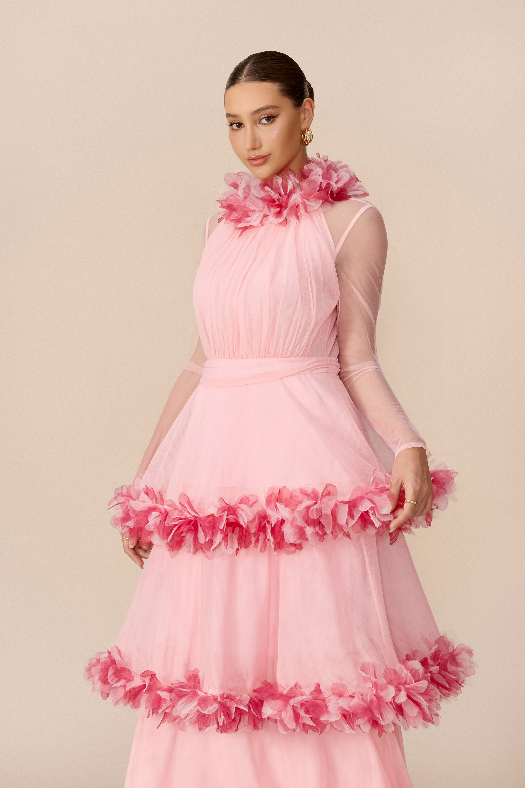 Softly Adored Pink Floral Trim Tiered Maxi Dress