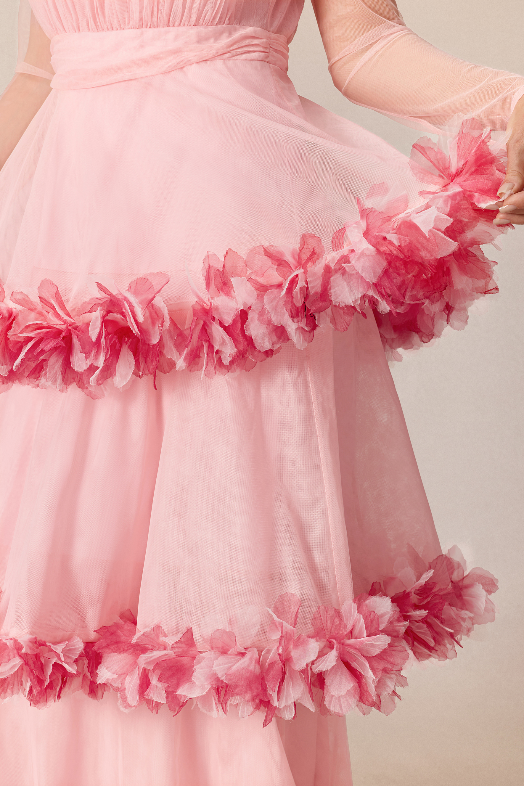 Softly Adored Pink Floral Trim Tiered Maxi Dress