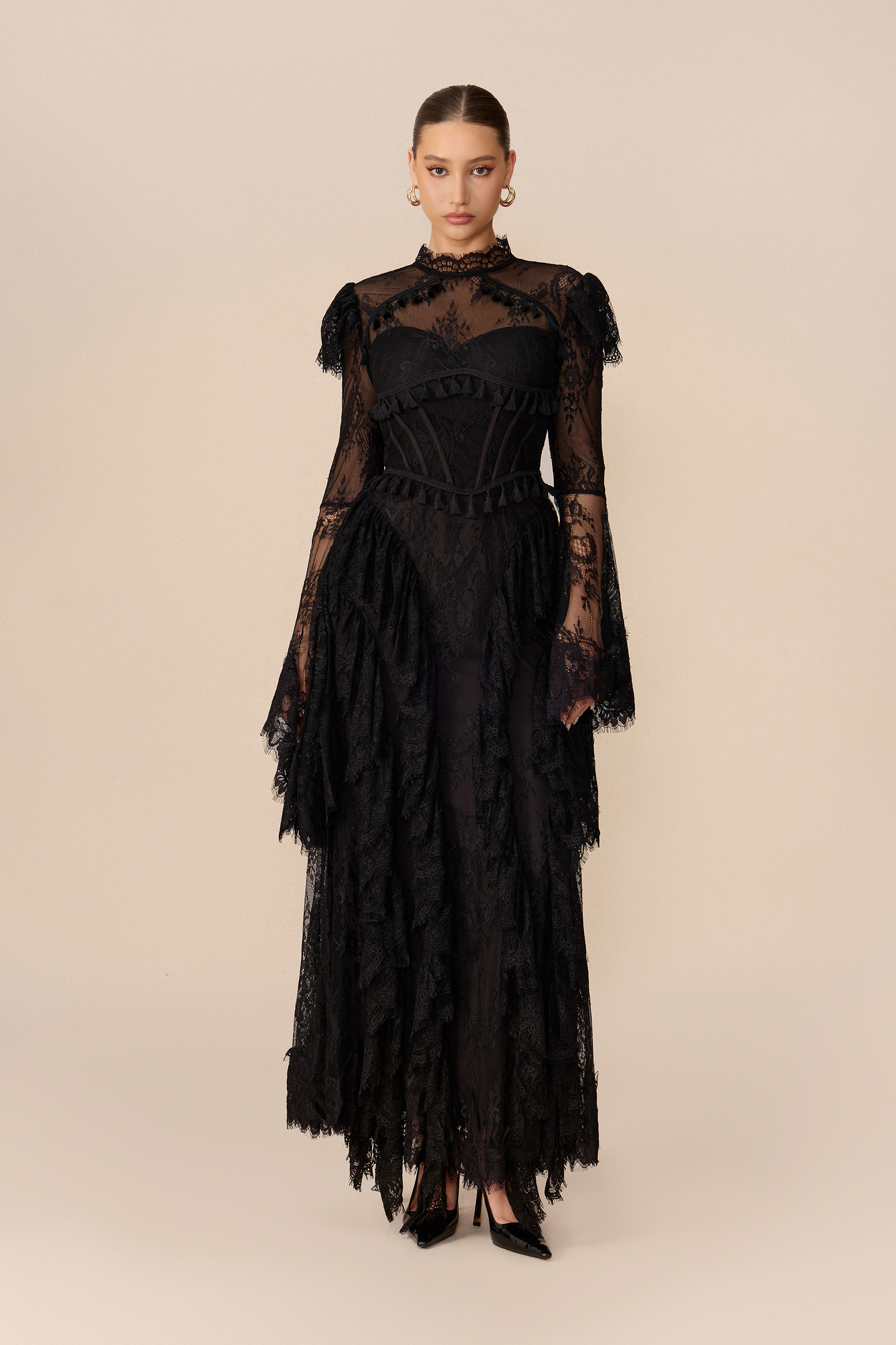 Vintage Allure Black Lace Corset Bell Sleeve Maxi Dress