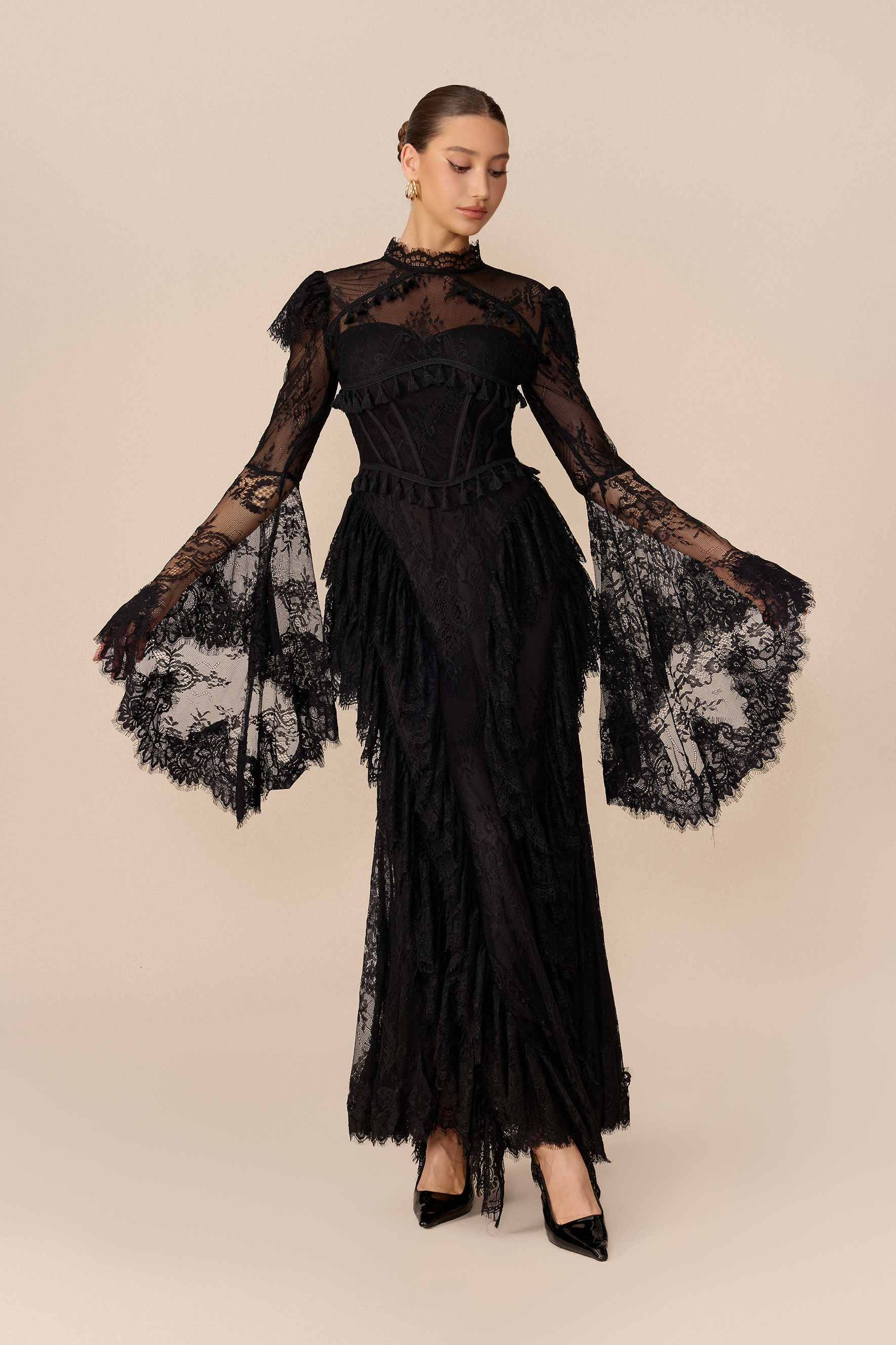 Vintage Allure Black Lace Corset Bell Sleeve Maxi Dress