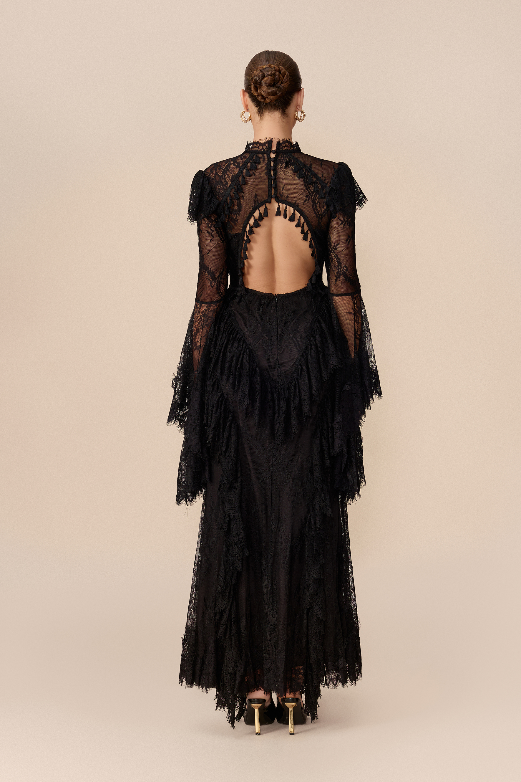 Vintage Allure Black Lace Corset Bell Sleeve Maxi Dress