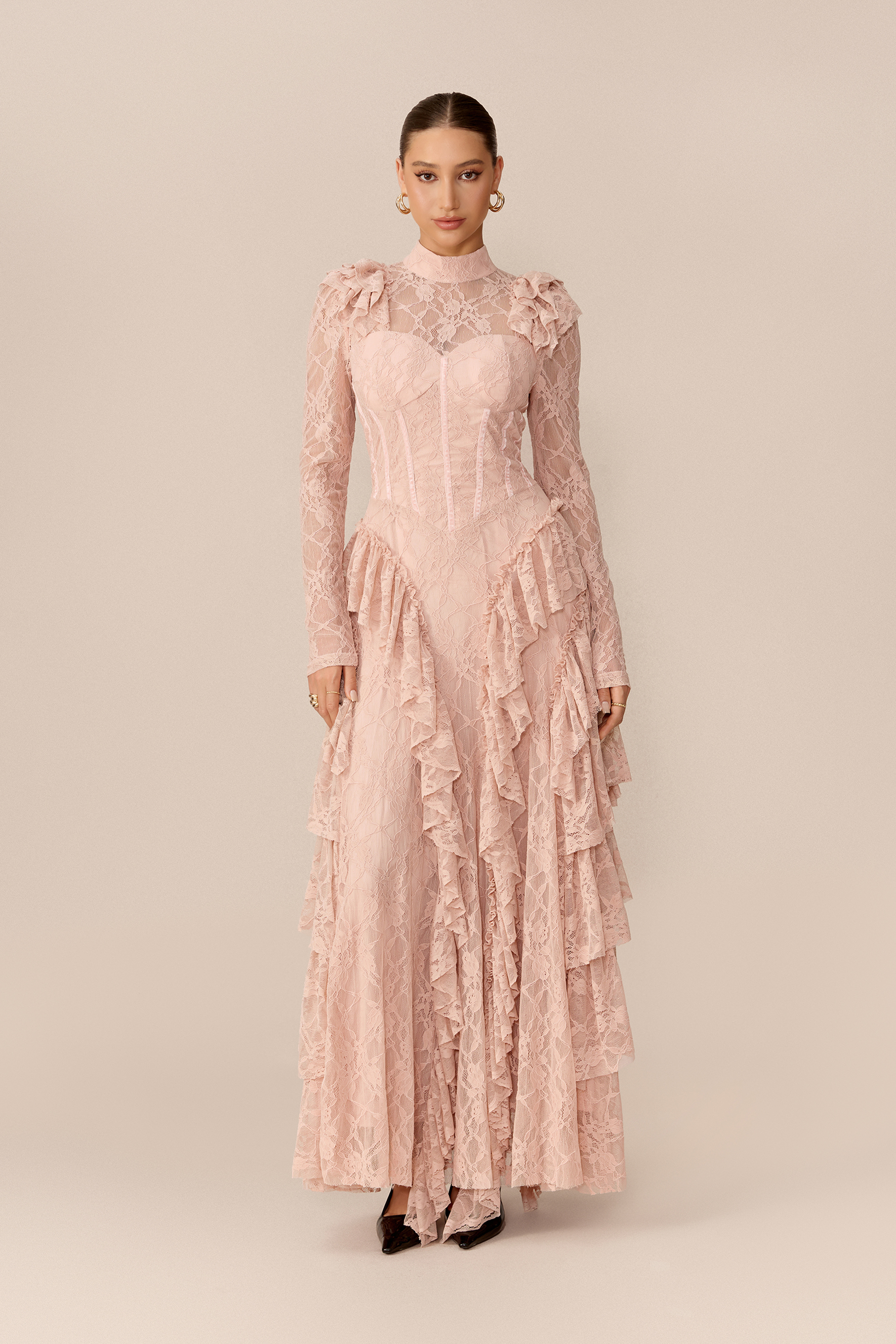Enchanted Evening Pink Lace Long Sleeve Corset Maxi Dress