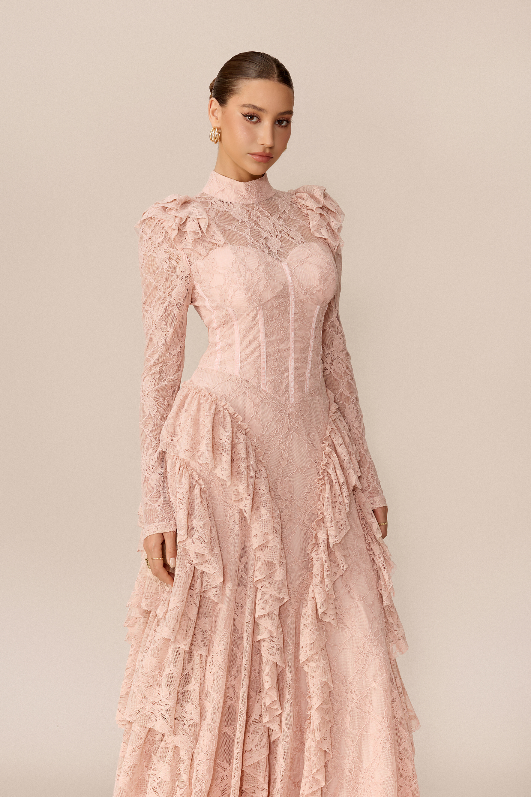 Enchanted Evening Pink Lace Long Sleeve Corset Maxi Dress