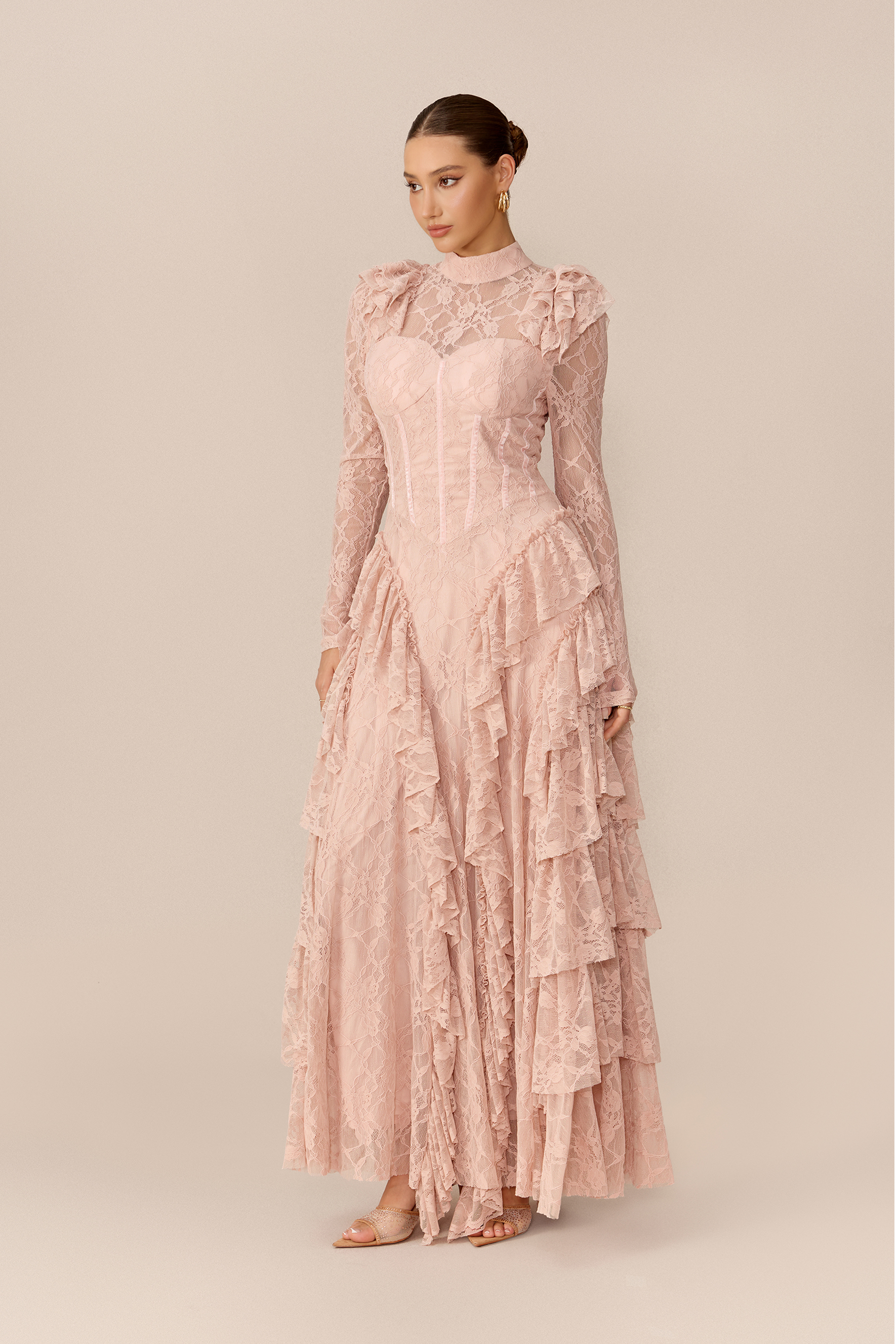 Enchanted Evening Pink Lace Long Sleeve Corset Maxi Dress