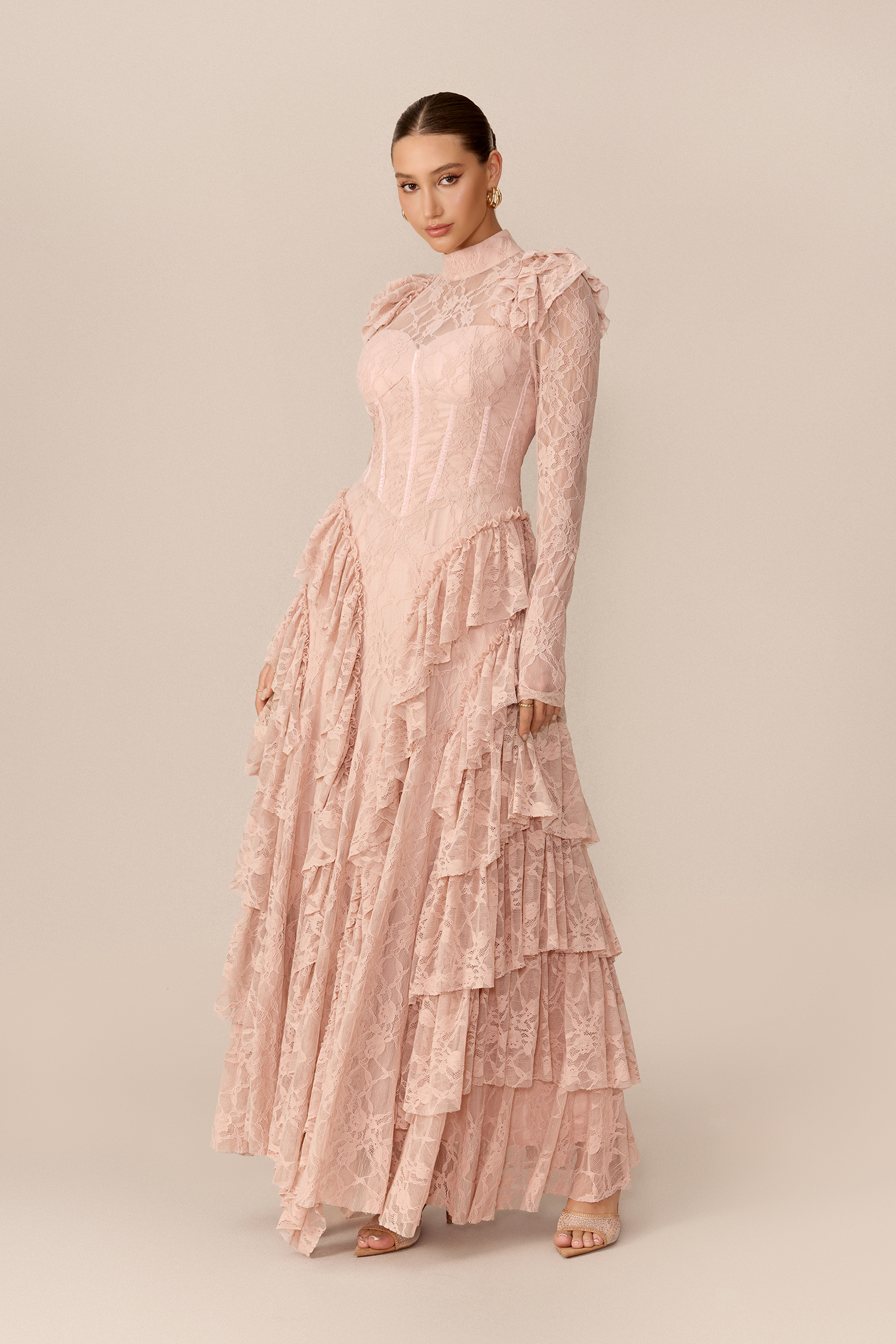 Enchanted Evening Pink Lace Long Sleeve Corset Maxi Dress