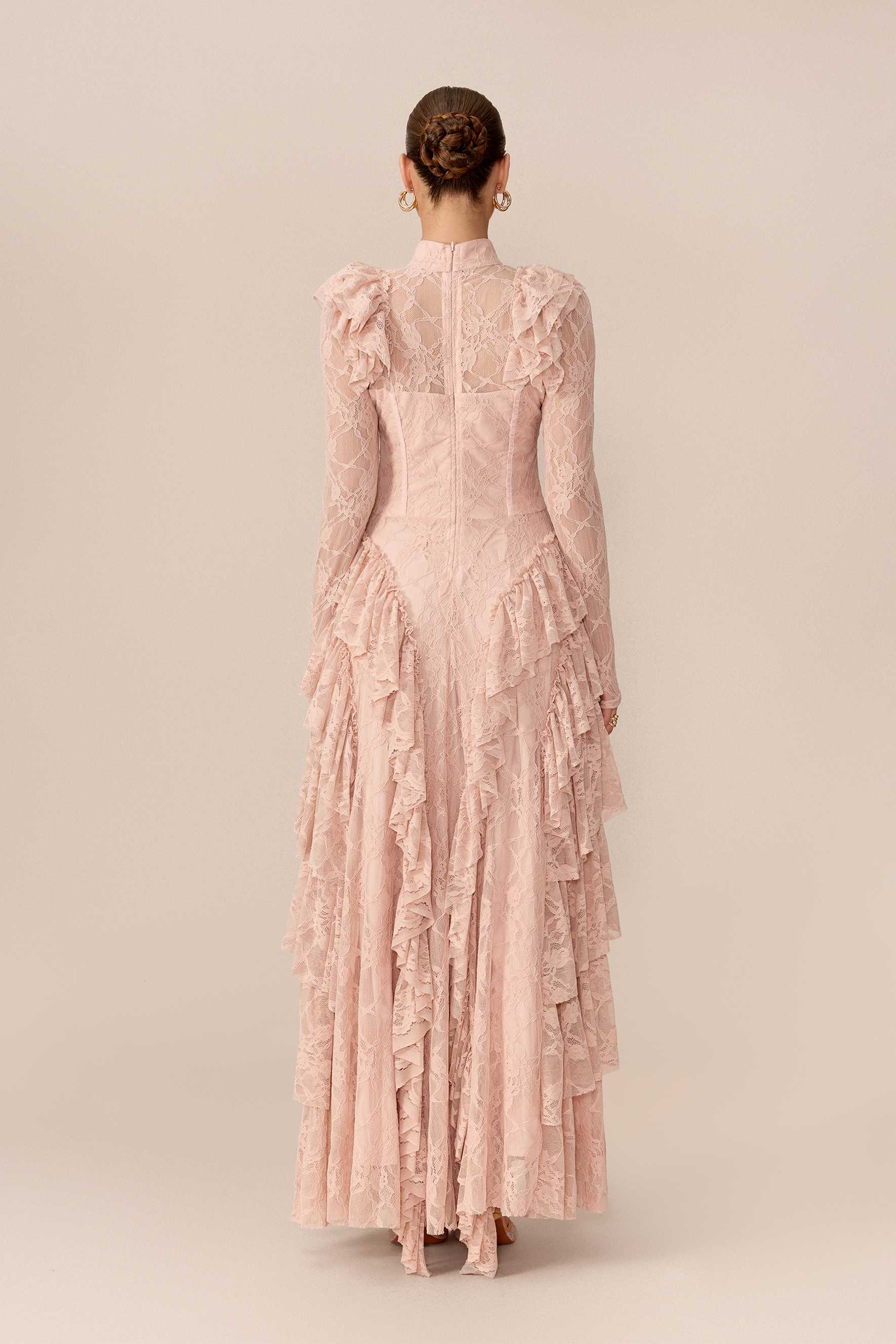 Enchanted Evening Pink Lace Long Sleeve Corset Maxi Dress