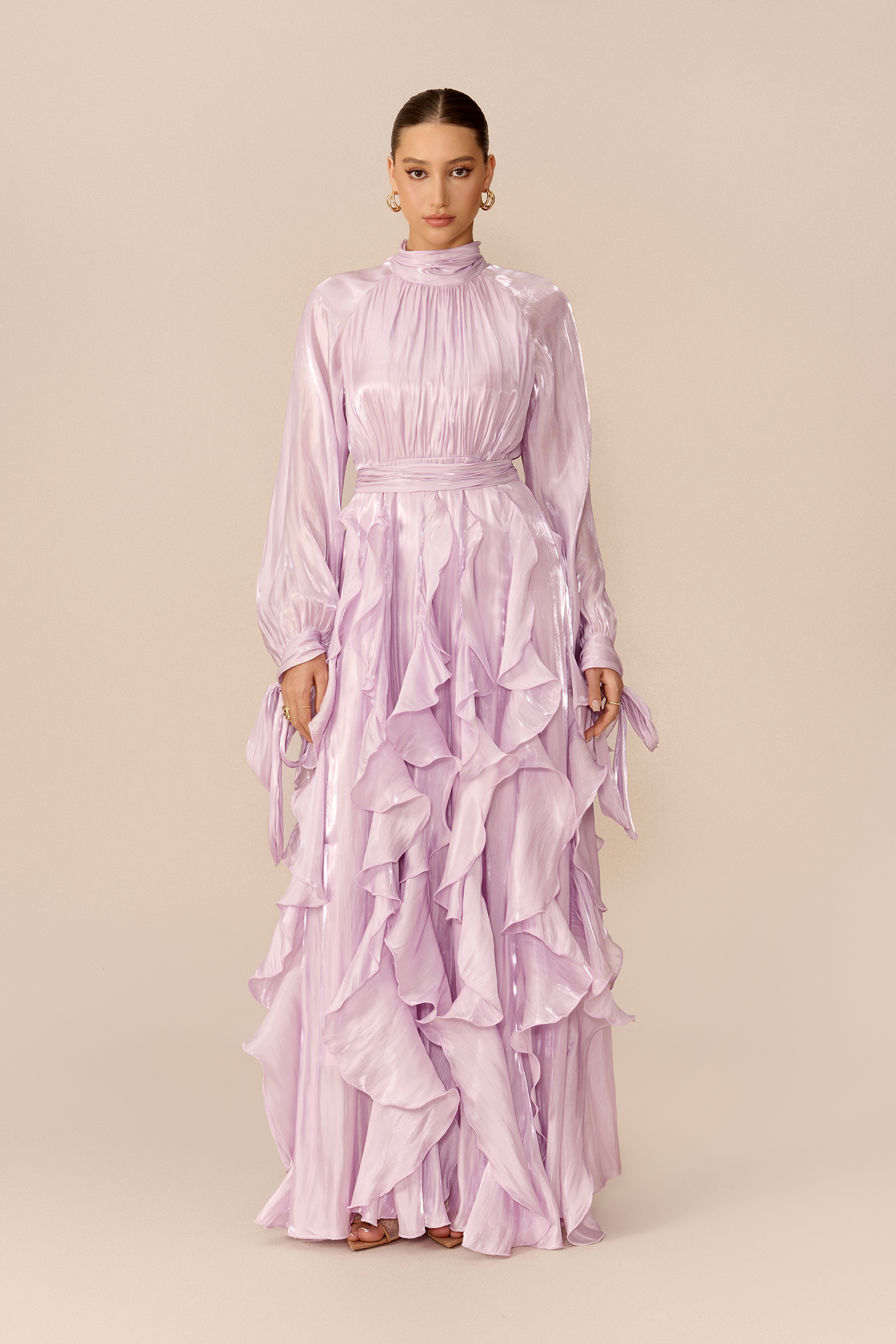 Follow The Breeze Purple Puff Sleeve Ruffle Trim Maxi Dress