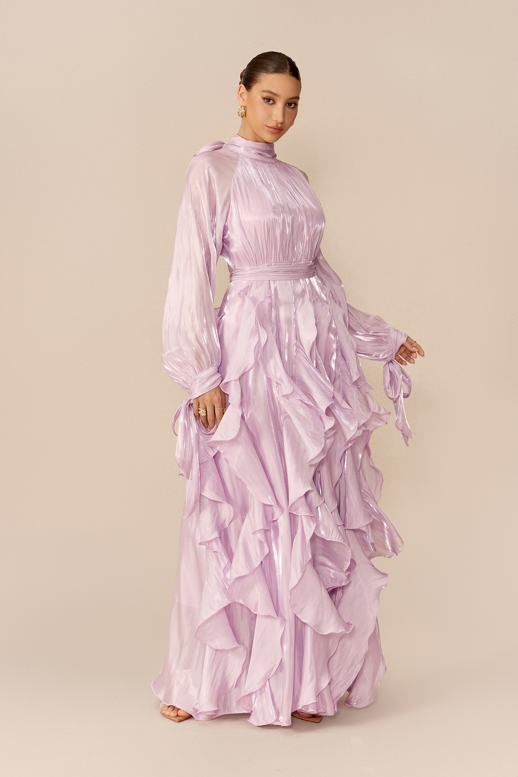 Follow The Breeze Purple Puff Sleeve Ruffle Trim Maxi Dress