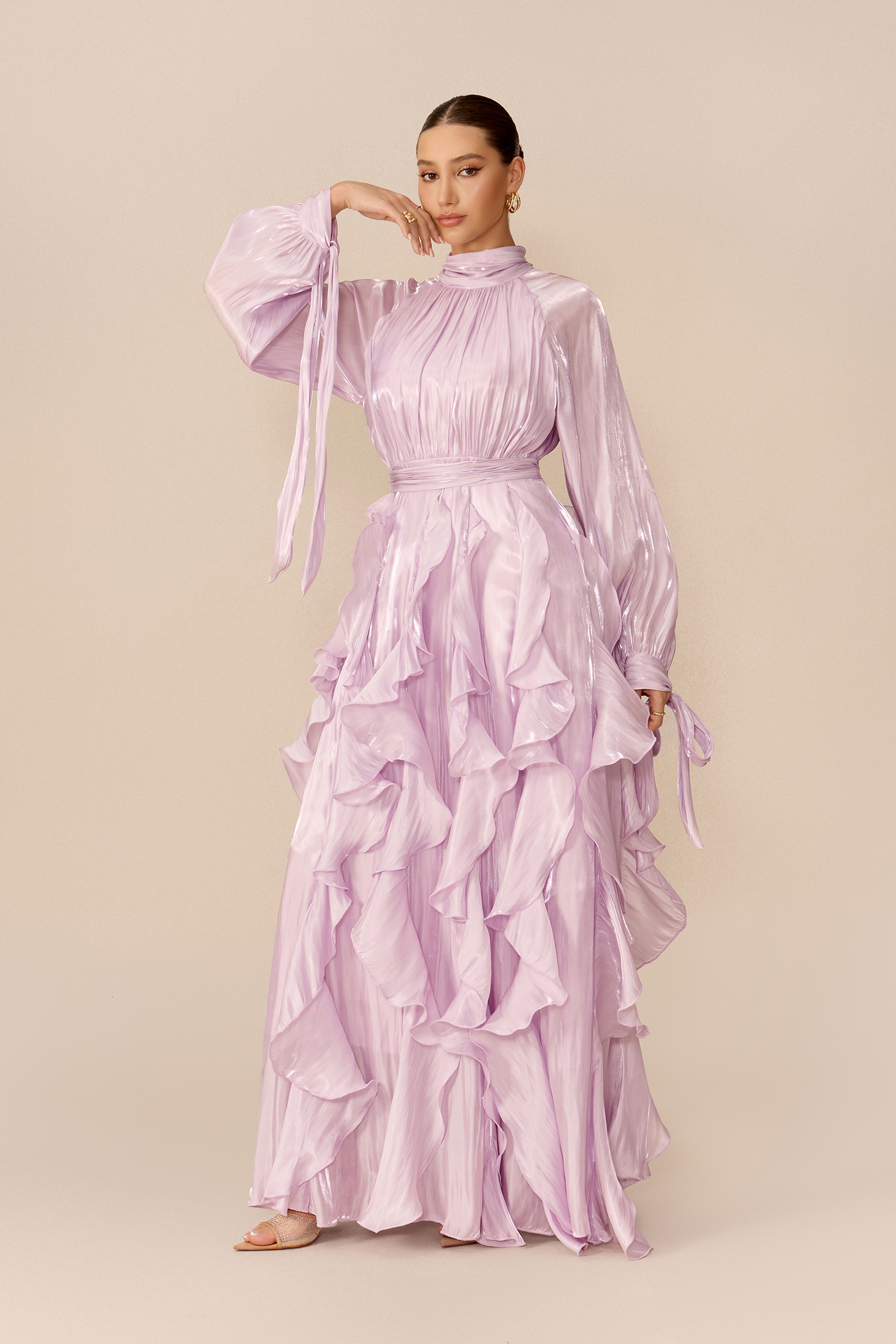 Follow The Breeze Purple Puff Sleeve Ruffle Trim Maxi Dress