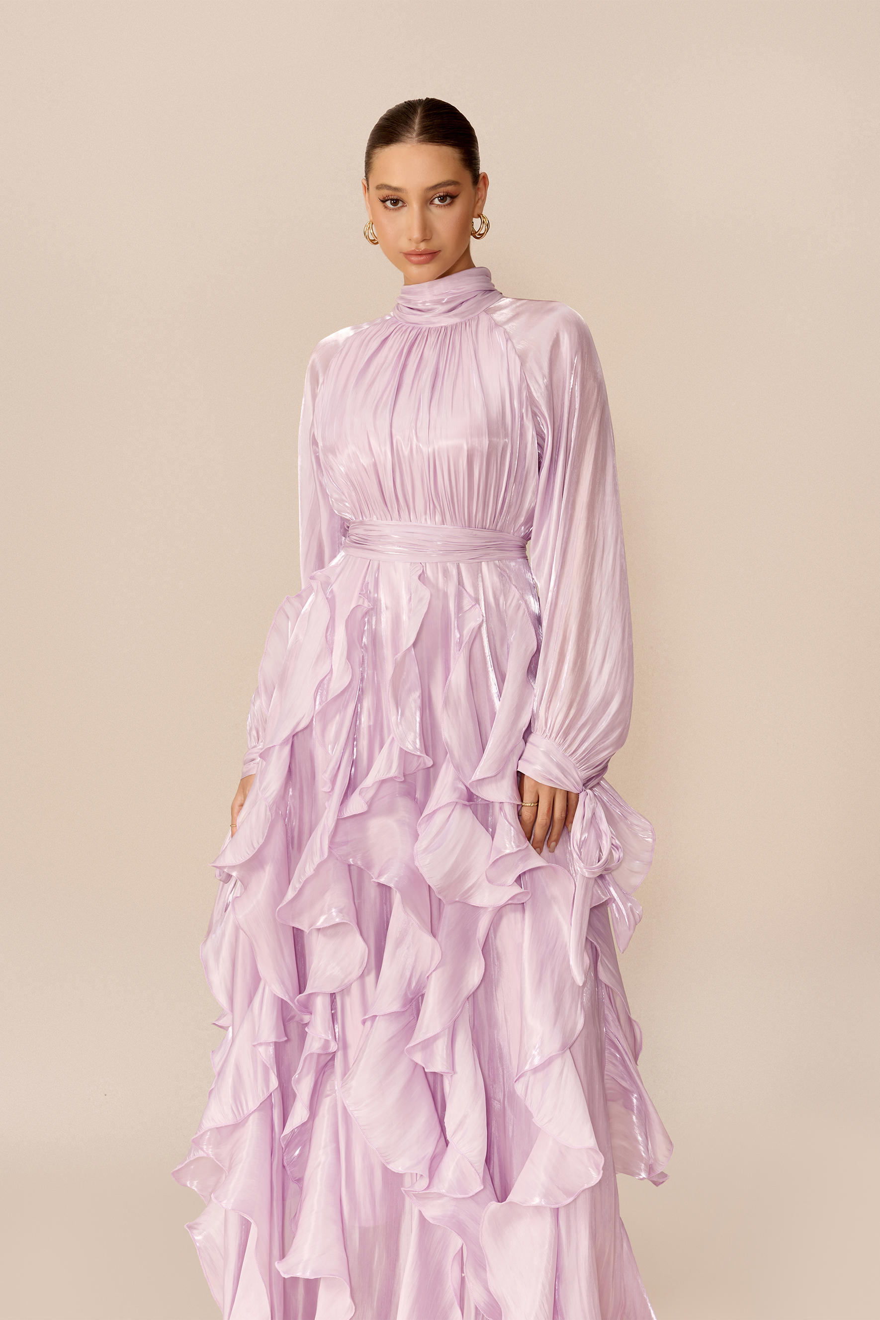 Follow The Breeze Purple Puff Sleeve Ruffle Trim Maxi Dress