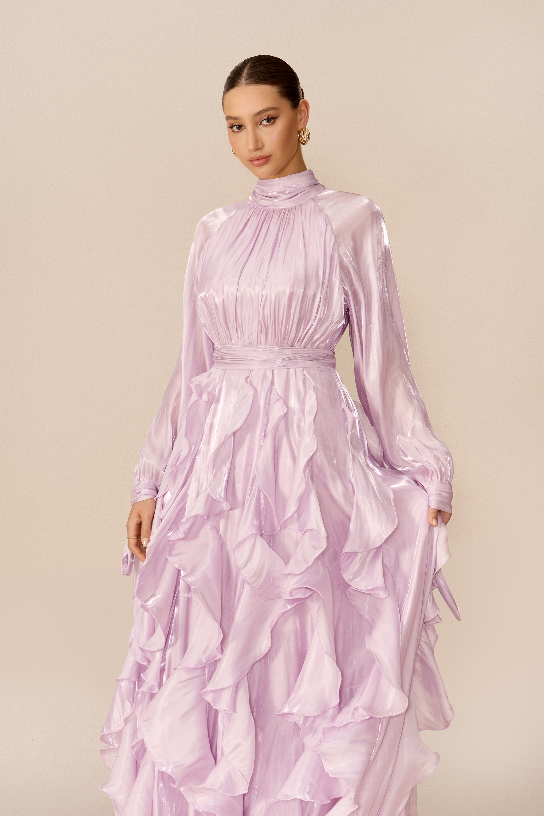 Follow The Breeze Purple Puff Sleeve Ruffle Trim Maxi Dress