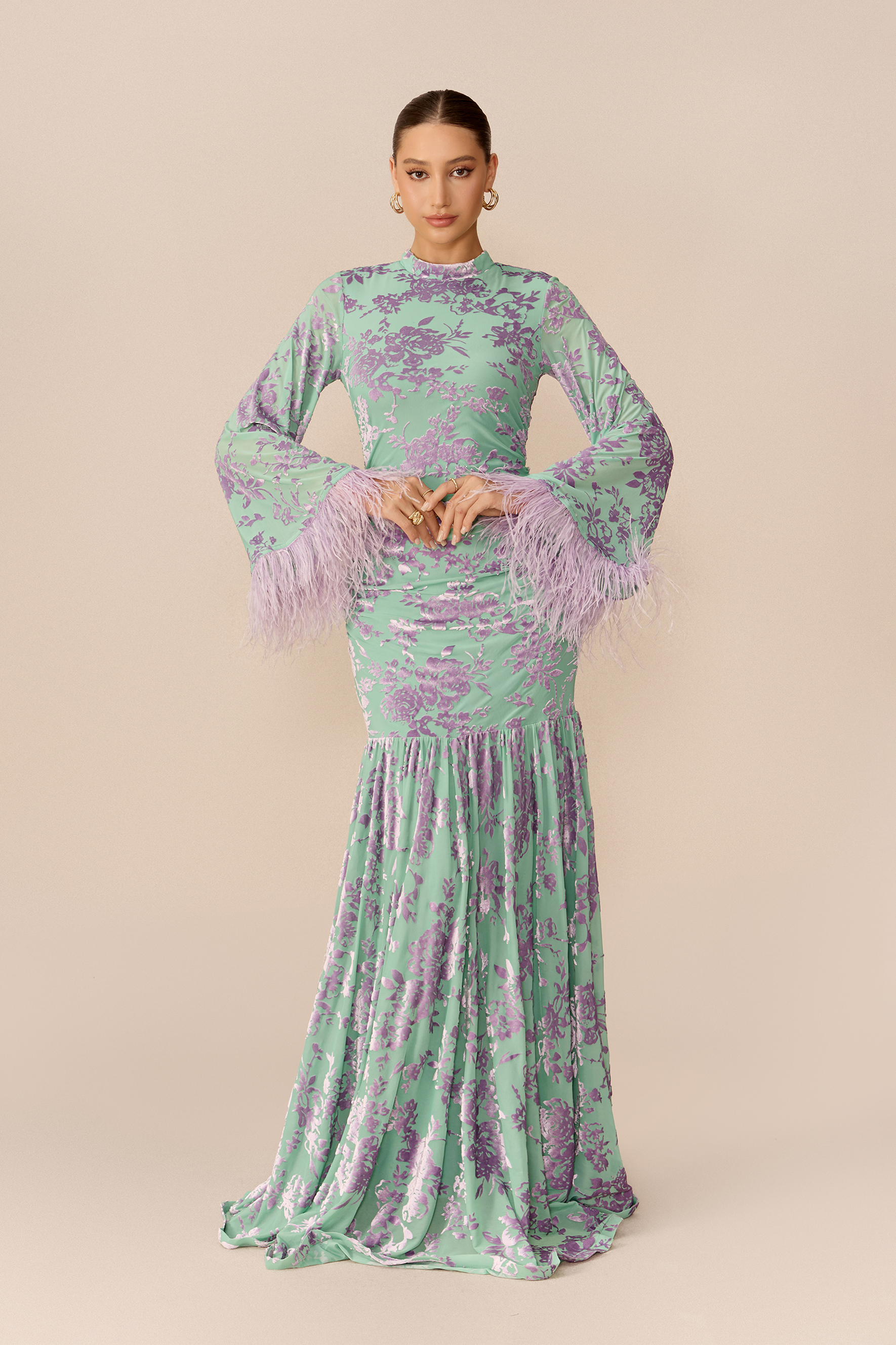 Glamorous Feeling Multi Floral Print Feather Cuff Maxi Dress
