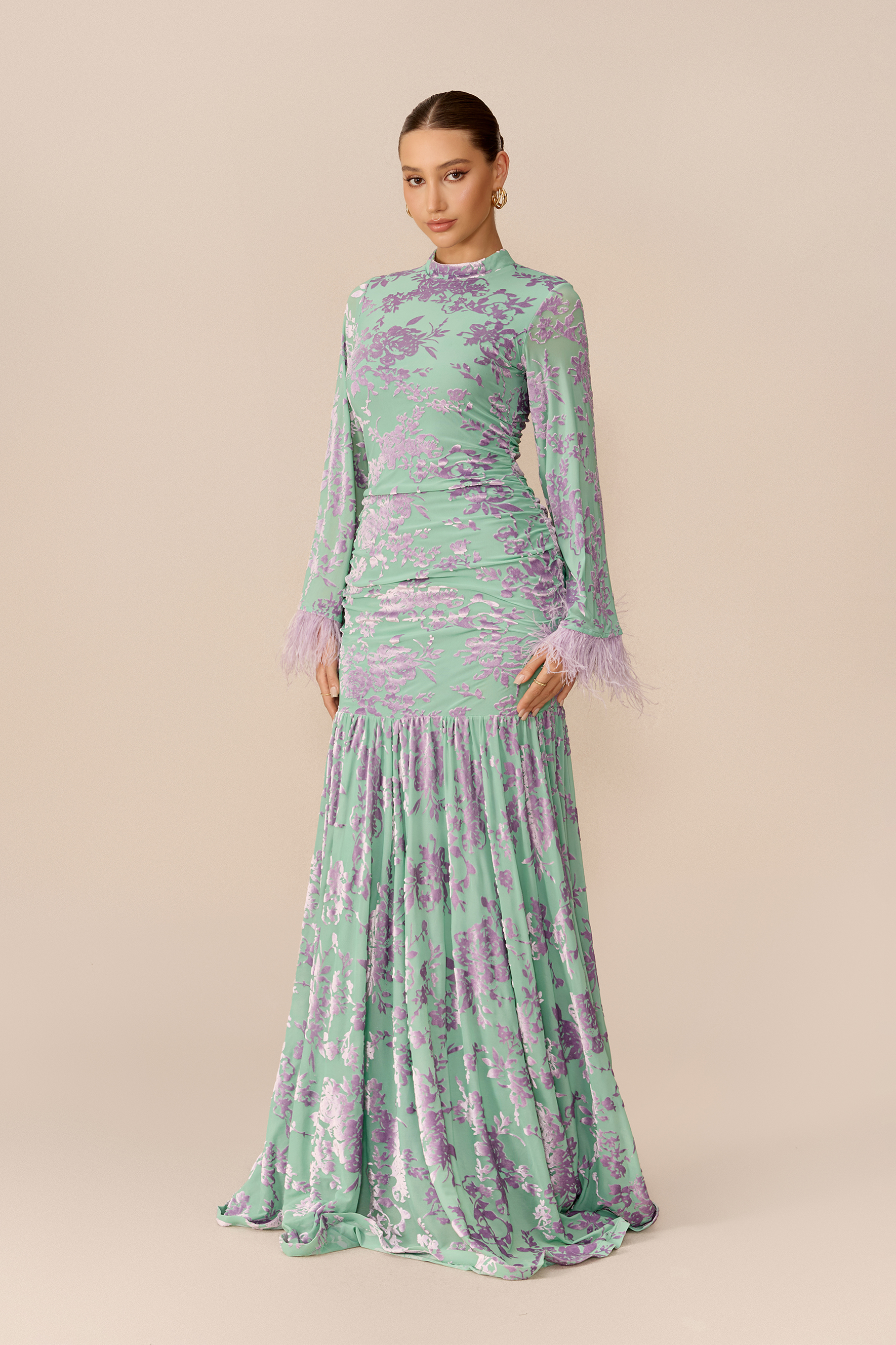 Glamorous Feeling Multi Floral Print Feather Cuff Maxi Dress