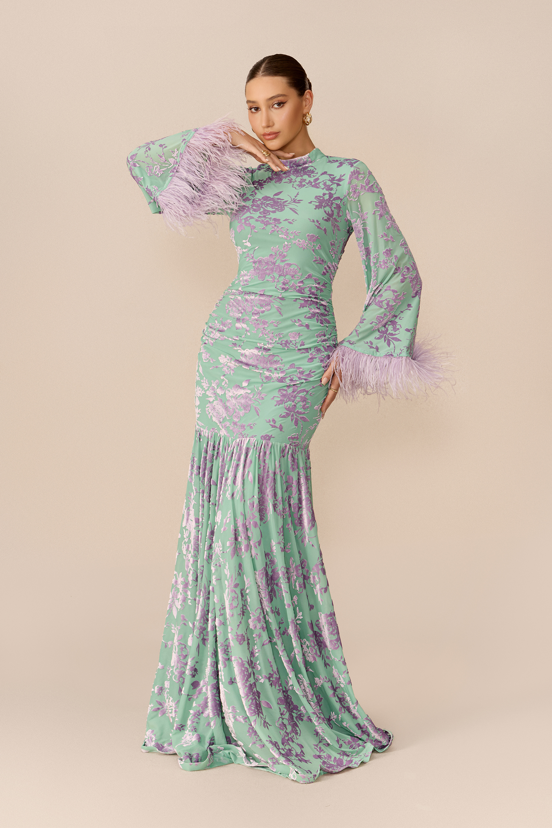 Glamorous Feeling Multi Floral Print Feather Cuff Maxi Dress
