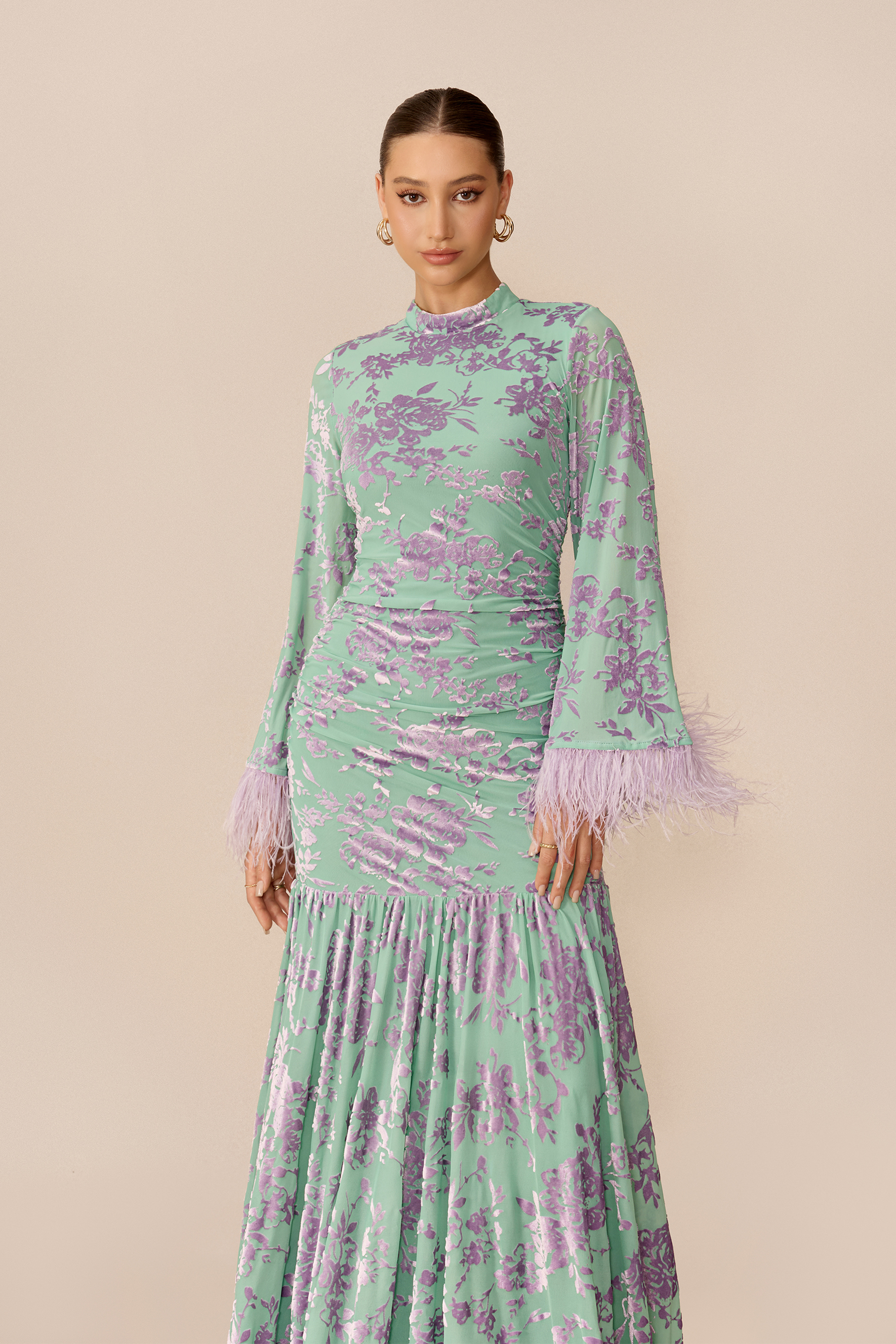 Glamorous Feeling Multi Floral Print Feather Cuff Maxi Dress