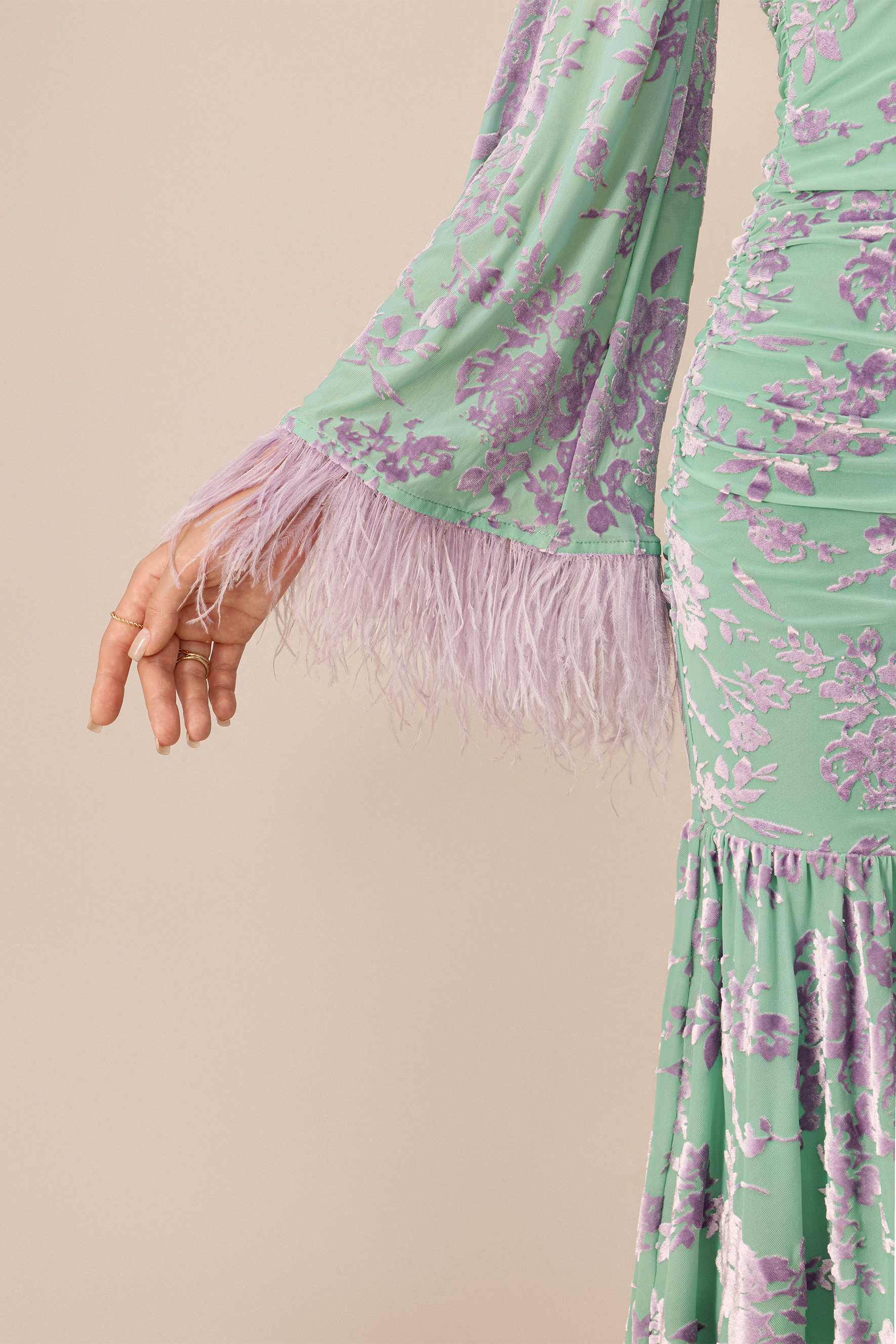 Glamorous Feeling Multi Floral Print Feather Cuff Maxi Dress