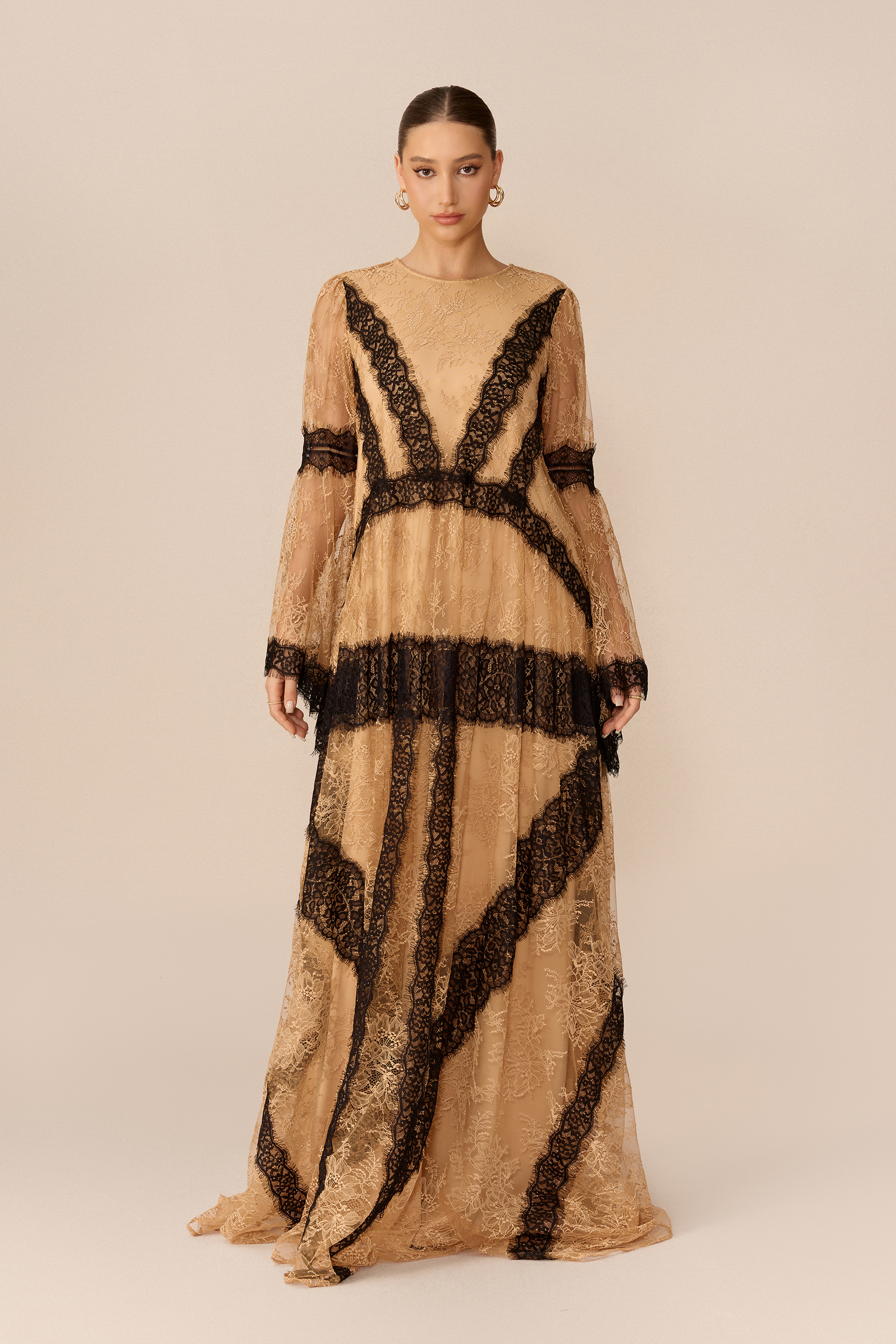 Beautiful Night Nude Long Sleeve Contrast Lace Maxi Dress