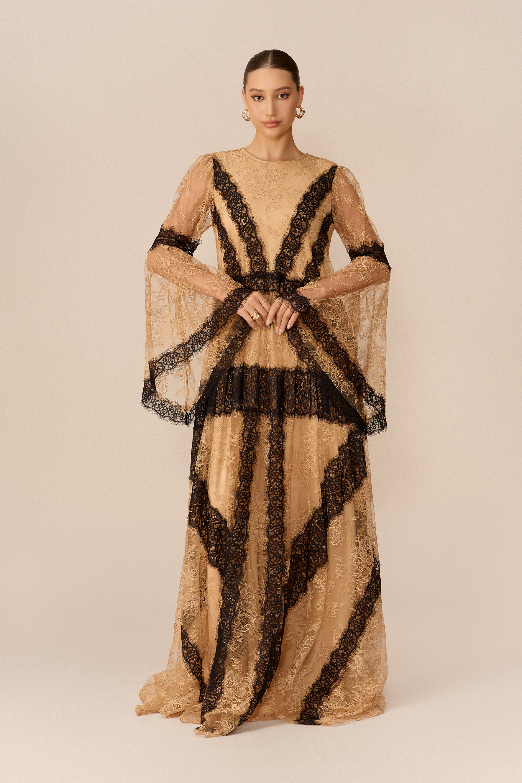 Beautiful Night Nude Long Sleeve Contrast Lace Maxi Dress