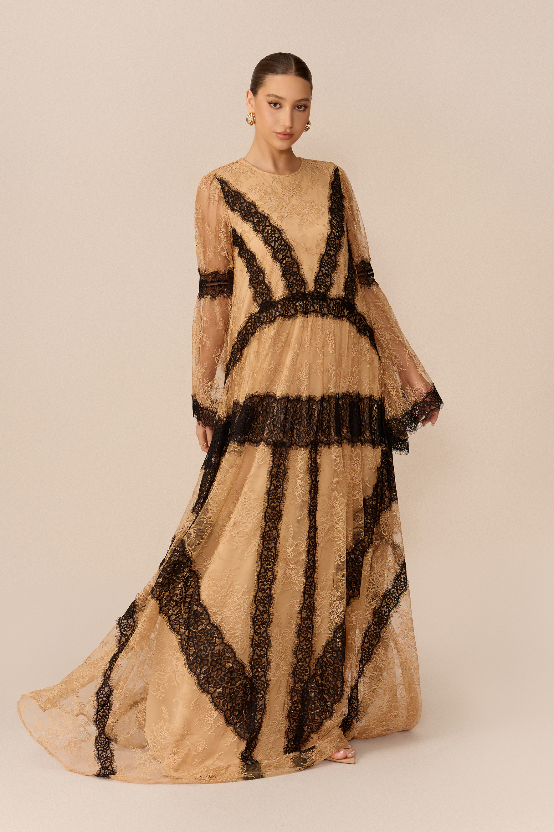 Beautiful Night Nude Long Sleeve Contrast Lace Maxi Dress