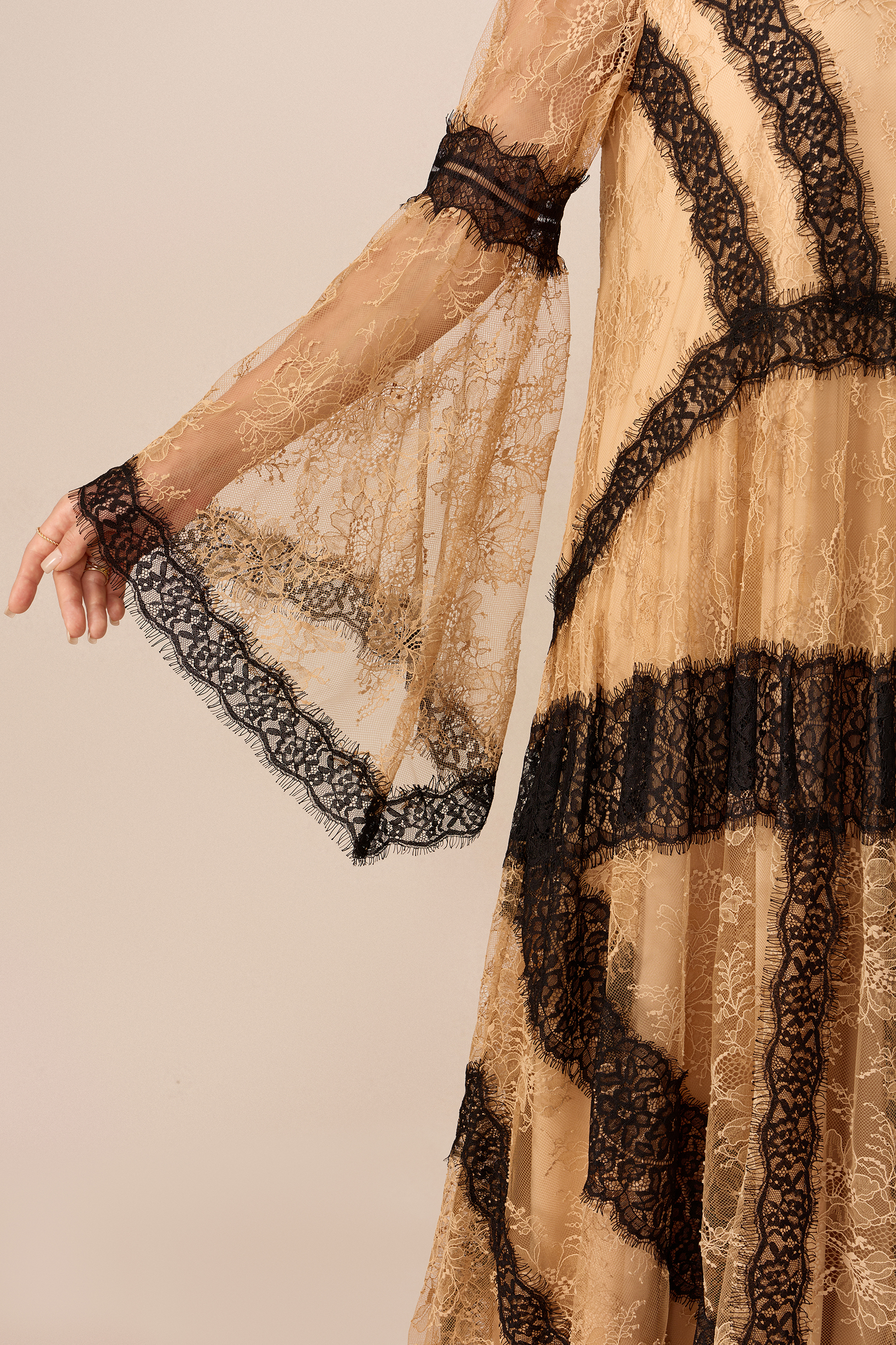 Beautiful Night Nude Long Sleeve Contrast Lace Maxi Dress