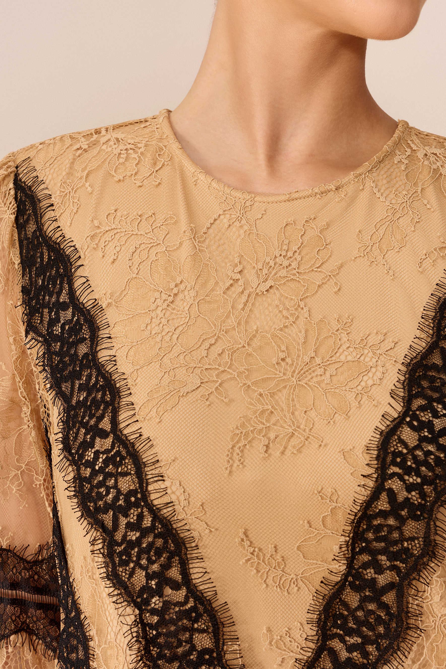 Beautiful Night Nude Long Sleeve Contrast Lace Maxi Dress