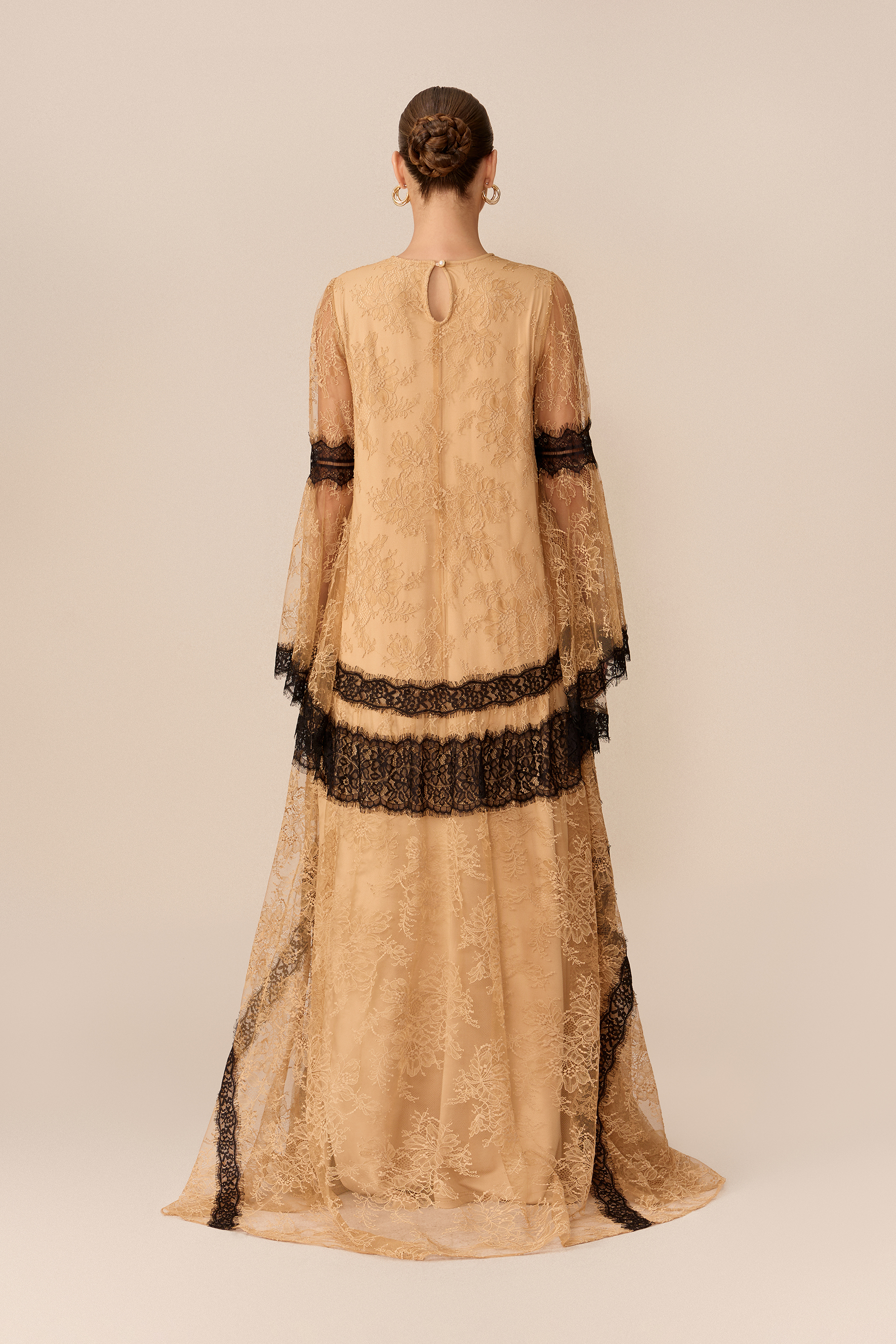 Beautiful Night Nude Long Sleeve Contrast Lace Maxi Dress