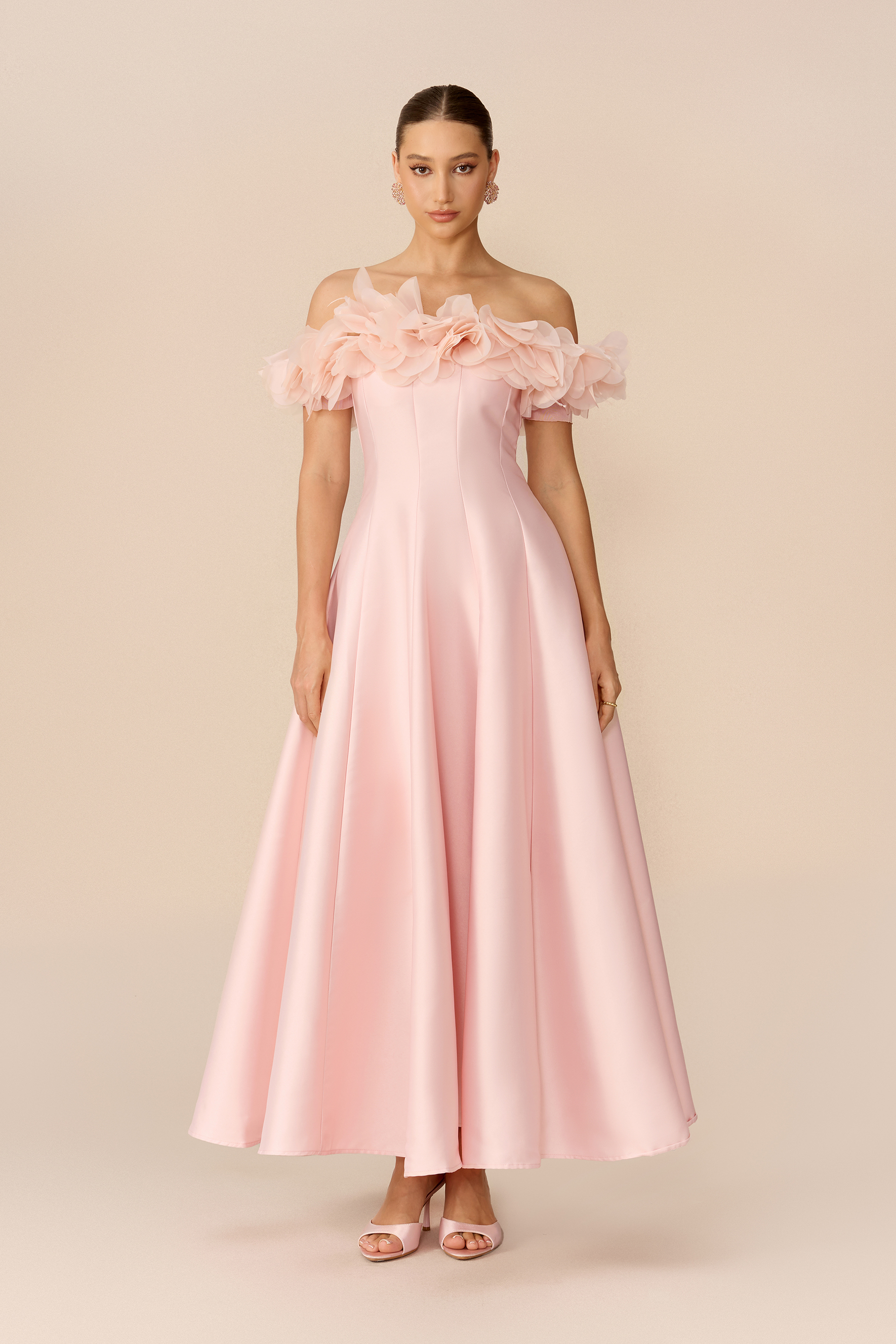 Sweet Daydream Pink Floral Trim Satin Maxi Dress