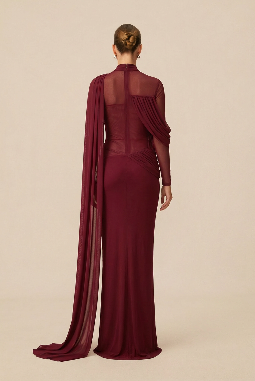 Gala Ready Burgundy Asymmetric Draped Cape Maxi Dress