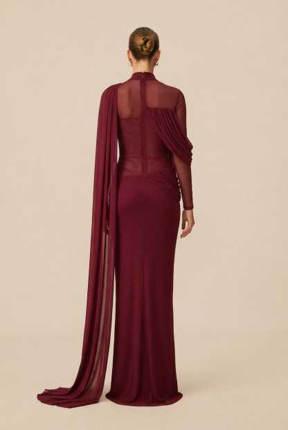 Gala Ready Burgundy Asymmetric Draped Cape Maxi Dress