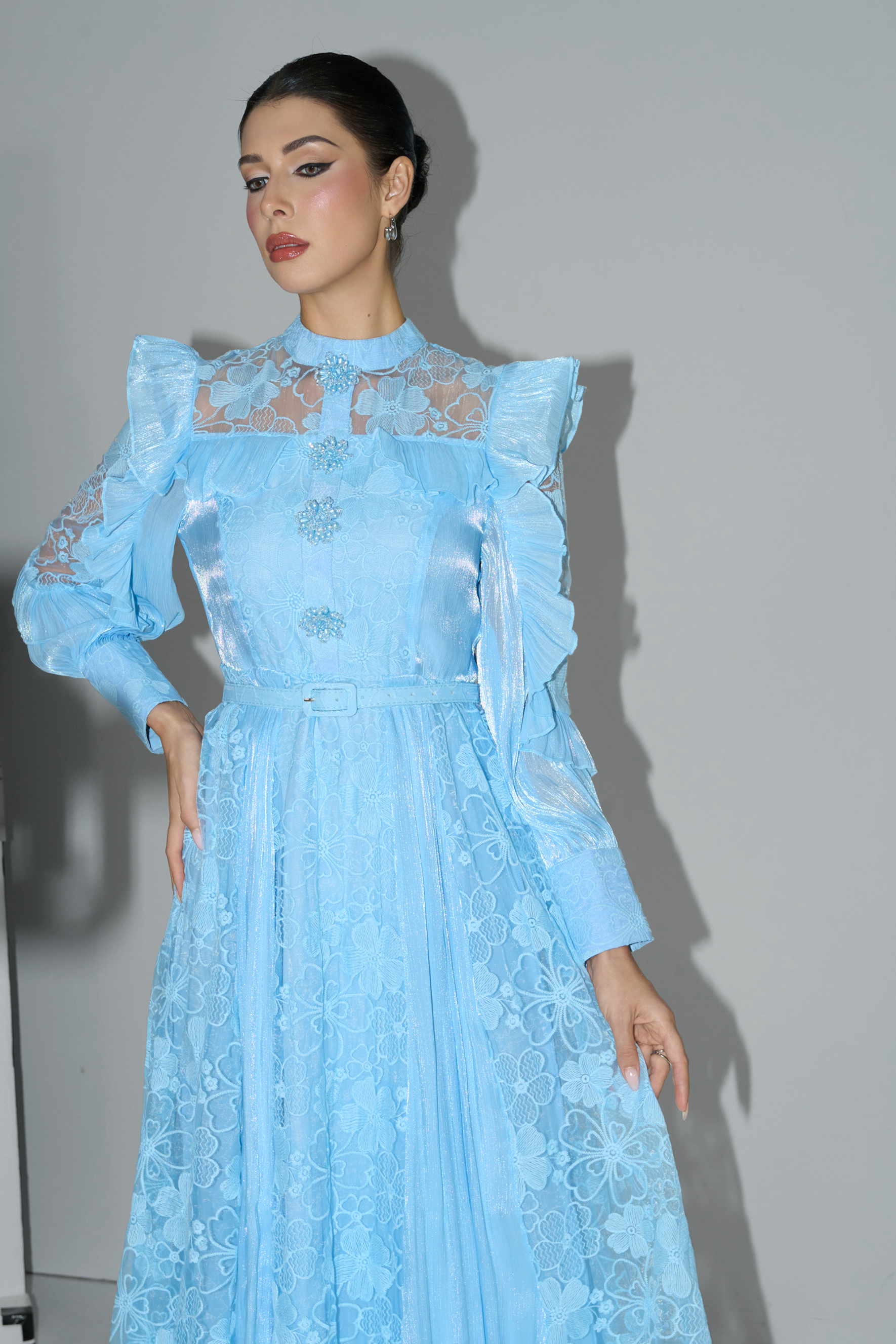 Dreamy Occasions Blue Floral Embroidered Ruffle Sleeve Maxi Dress