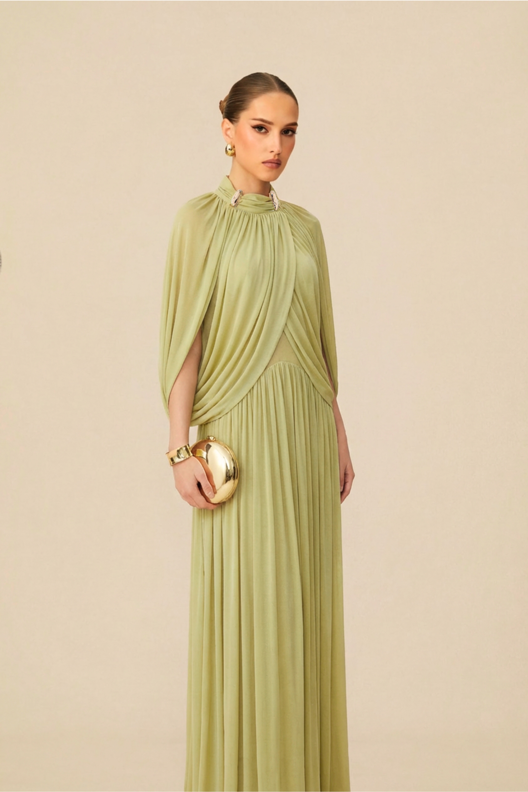 Twilight Whispers Green Draped Cape Sleeve Knit Maxi Dress