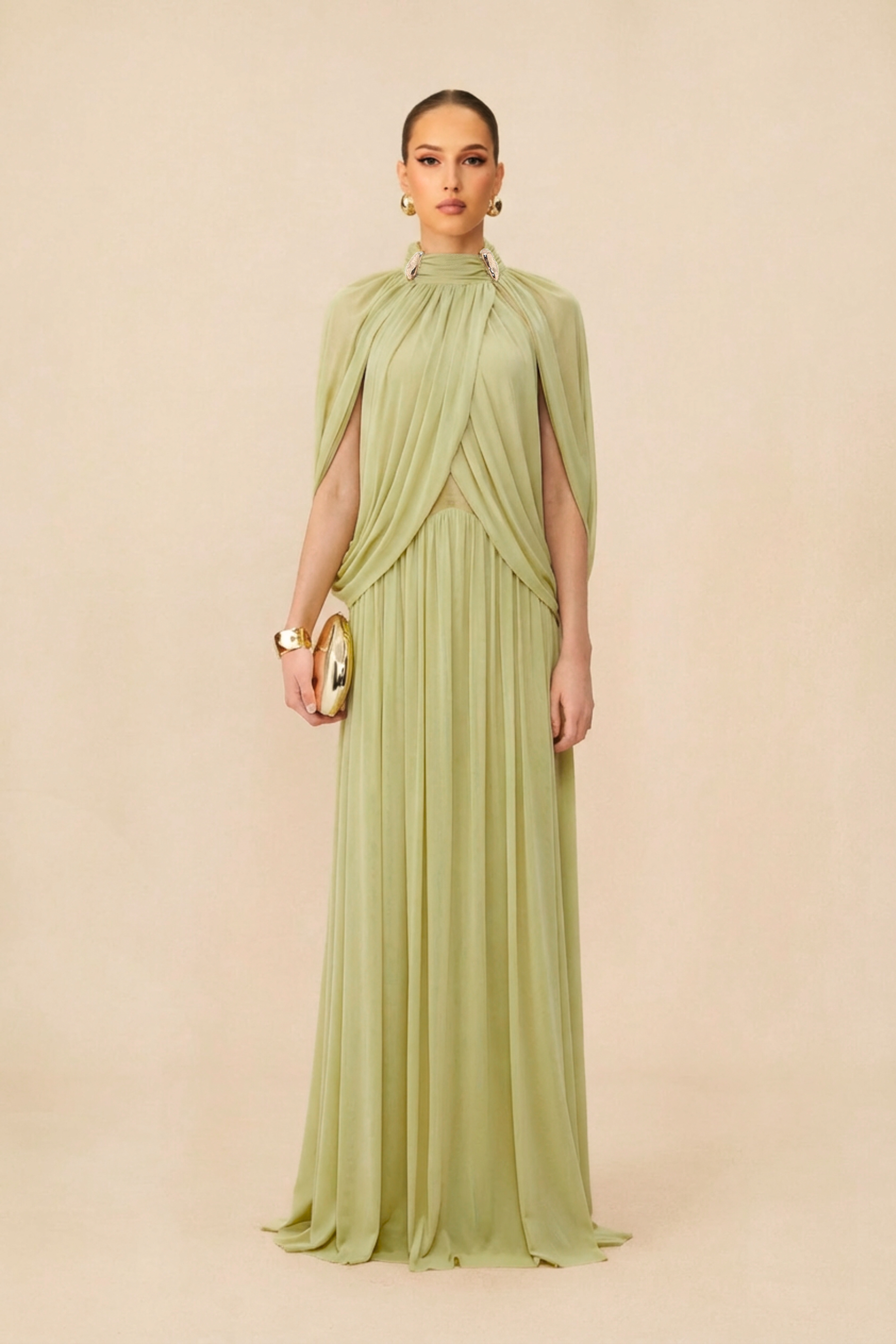 Twilight Whispers Green Draped Cape Sleeve Knit Maxi Dress