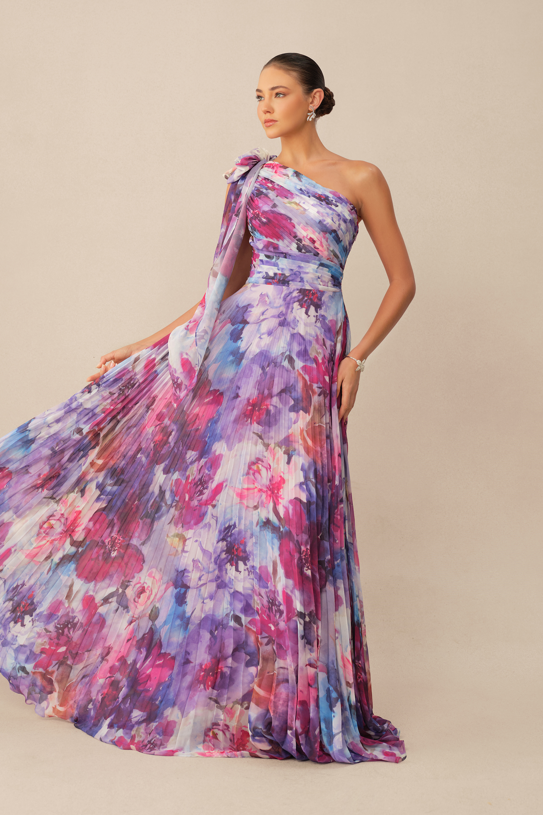 Lost In It Purple Floral Print One Shoulder Pleated Maxi Dress