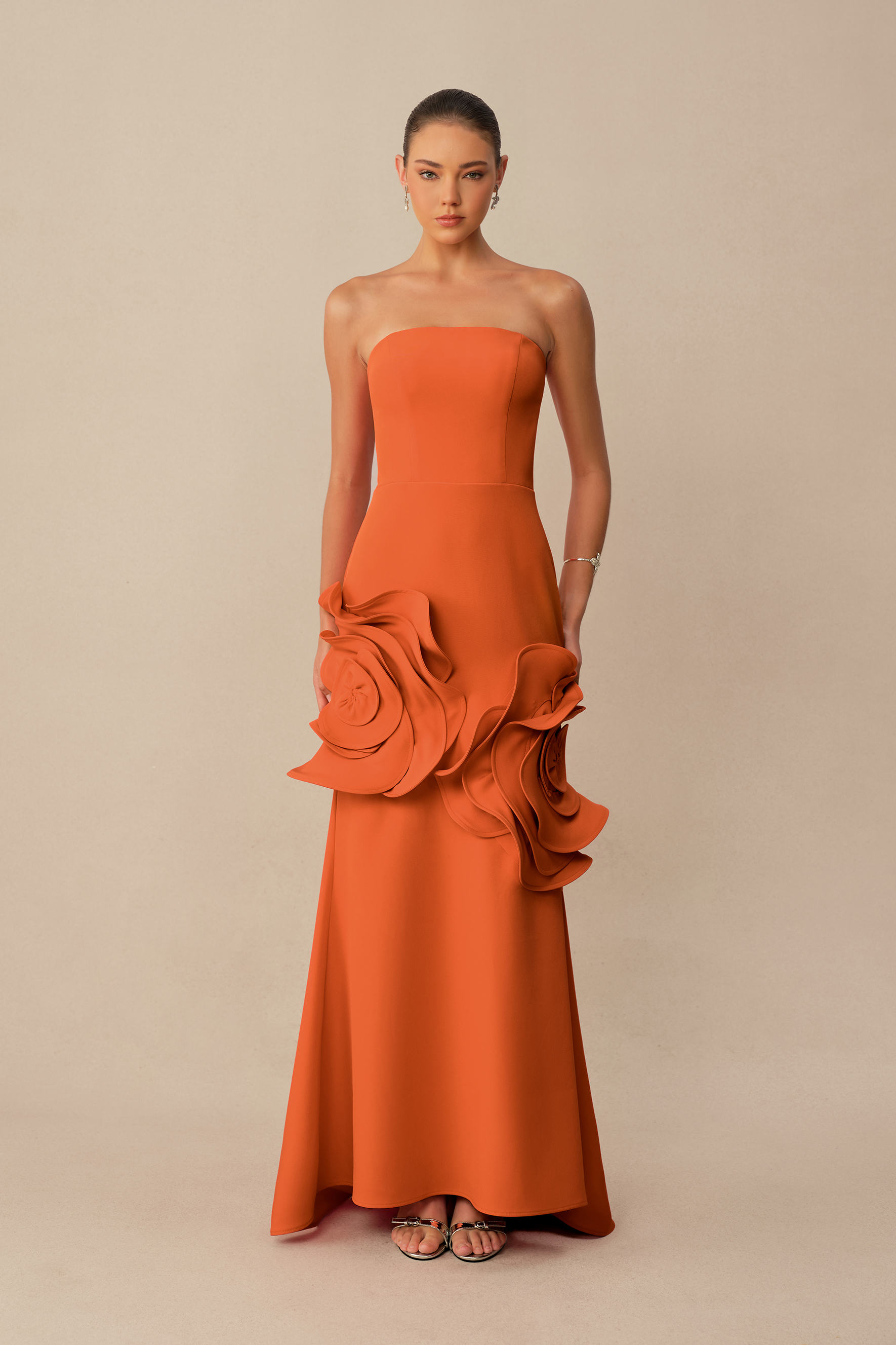 Moment in Bloom Orange Floral Applique Strapless Maxi Dress