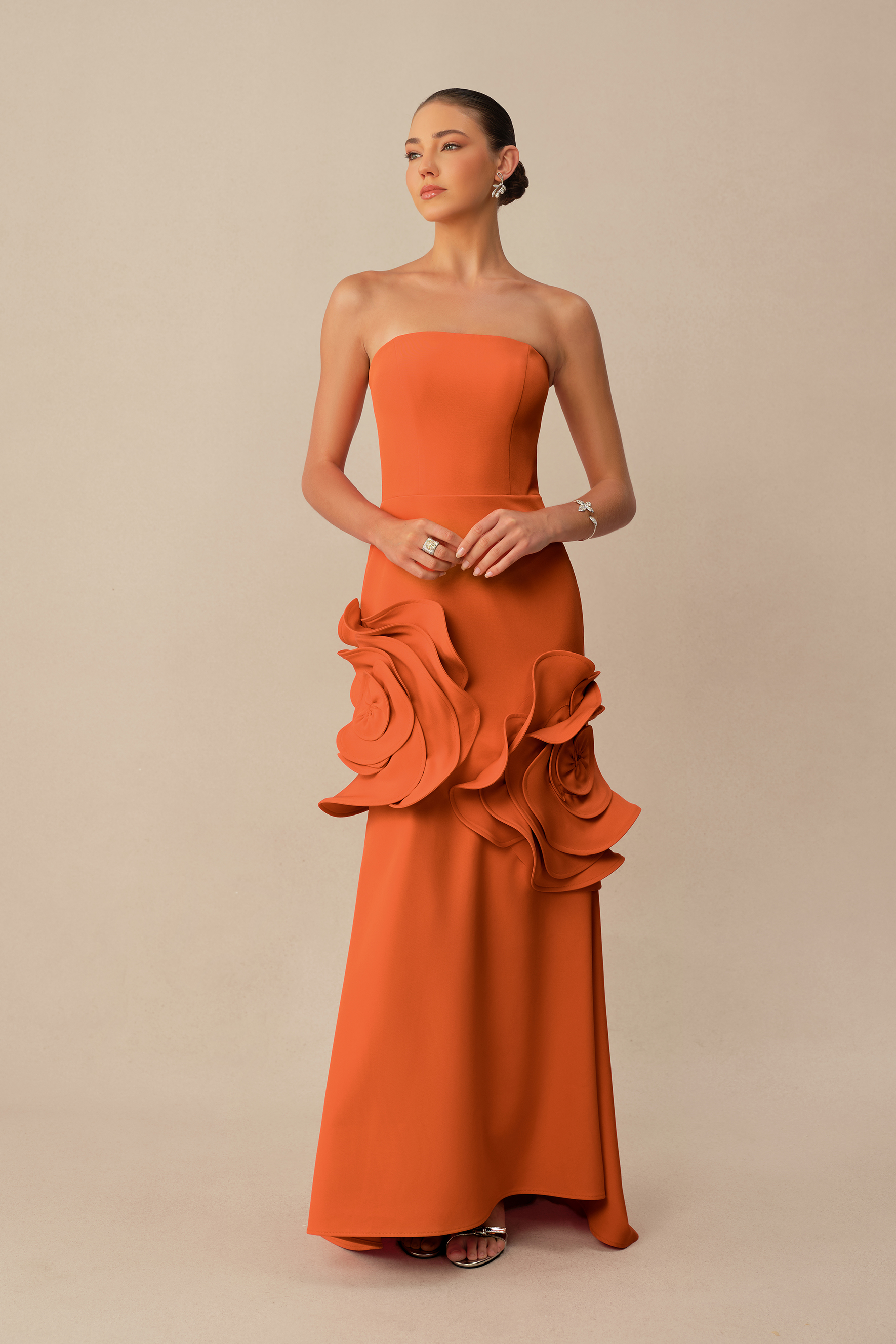 Moment in Bloom Orange Floral Applique Strapless Maxi Dress