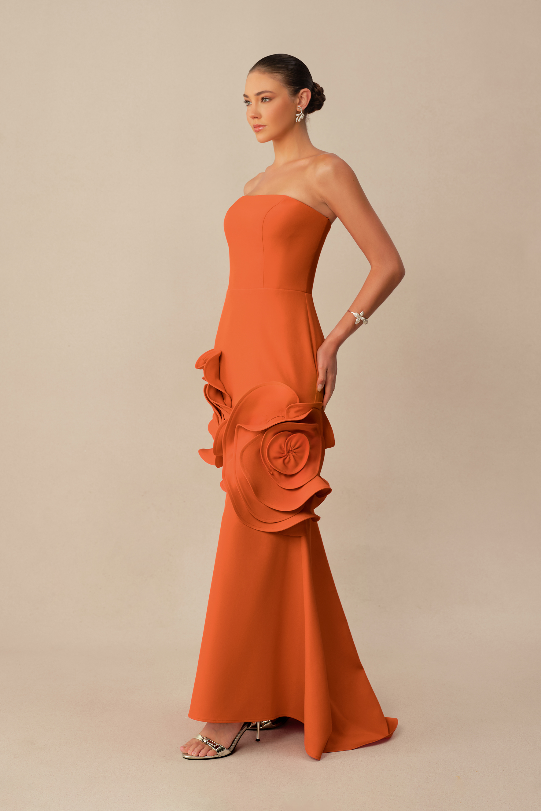 Moment in Bloom Orange Floral Applique Strapless Maxi Dress