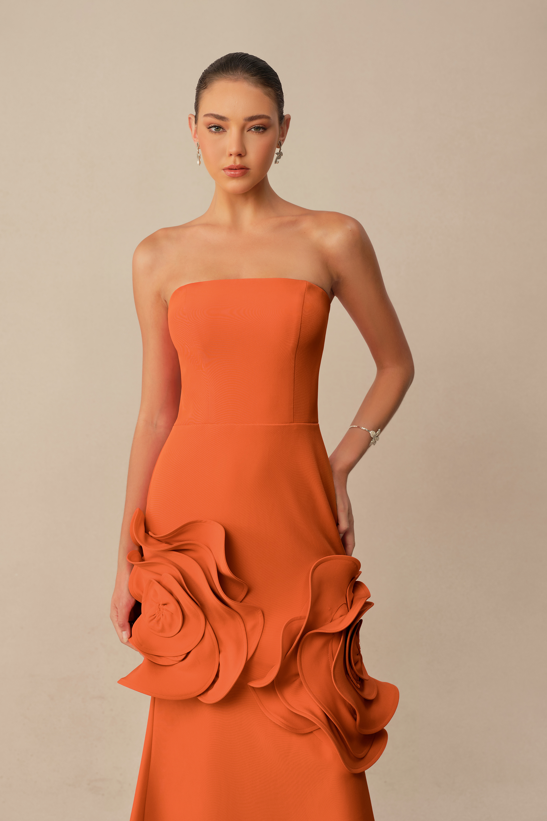 Moment in Bloom Orange Floral Applique Strapless Maxi Dress