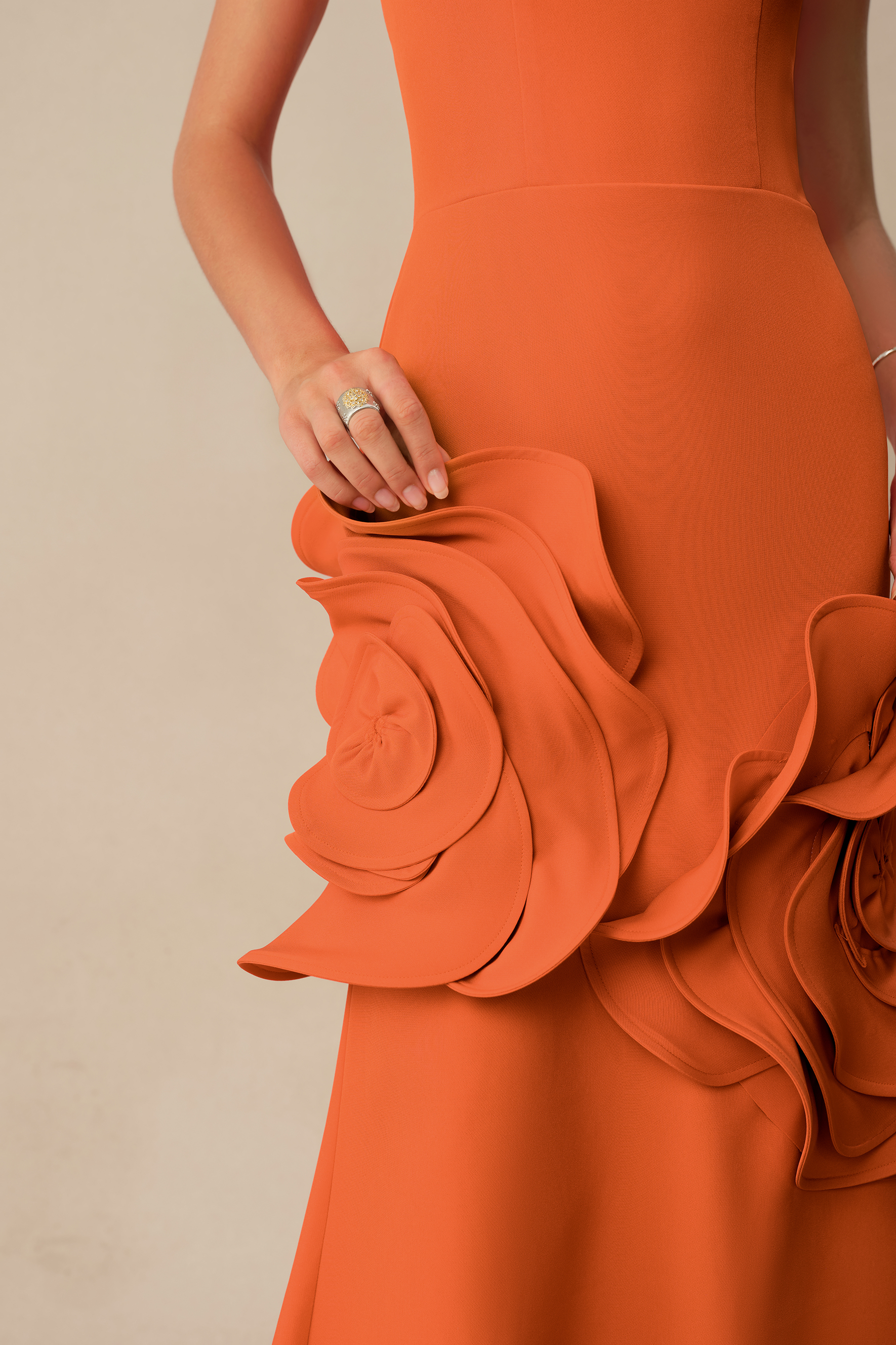 Moment in Bloom Orange Floral Applique Strapless Maxi Dress