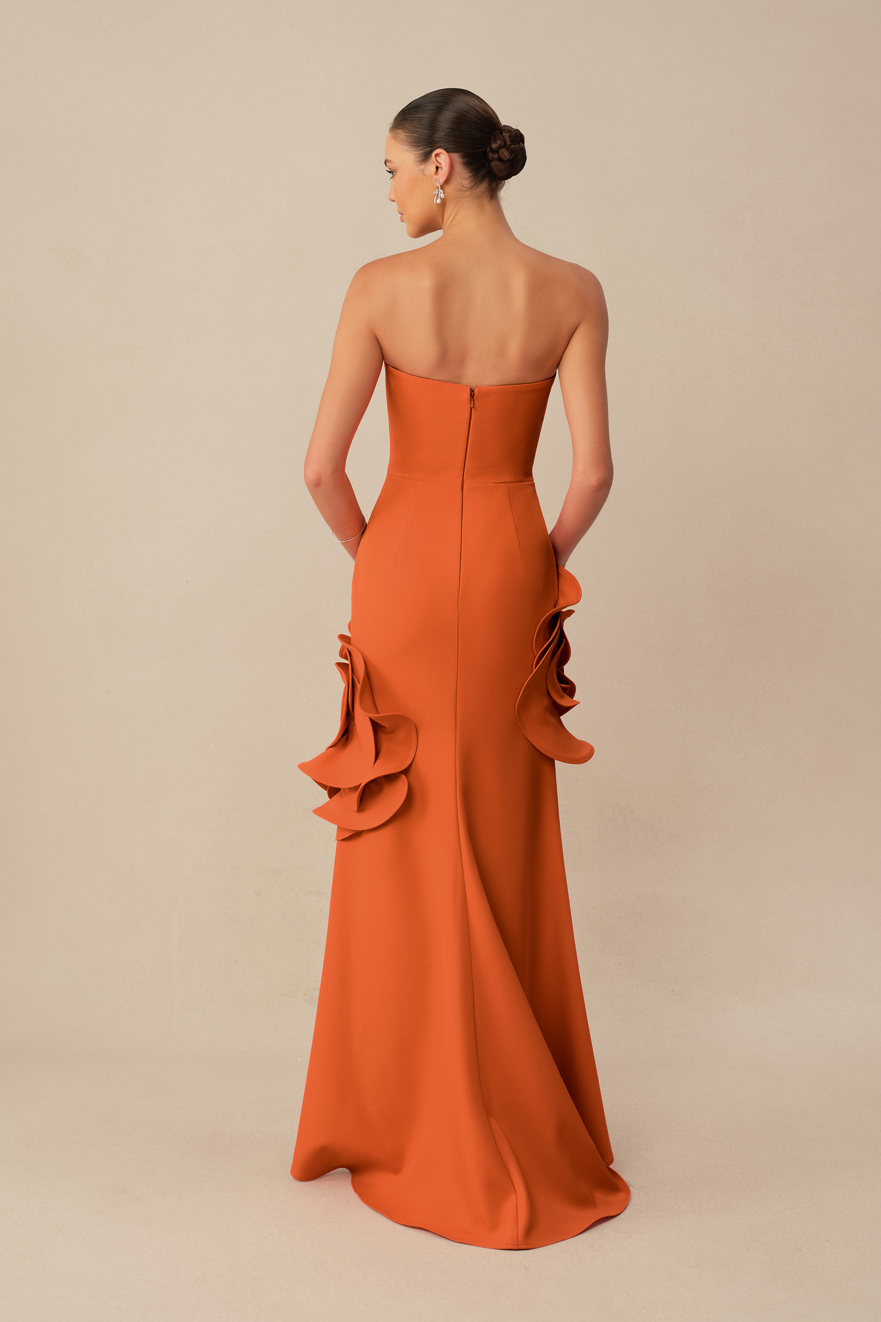 Moment in Bloom Orange Floral Applique Strapless Maxi Dress