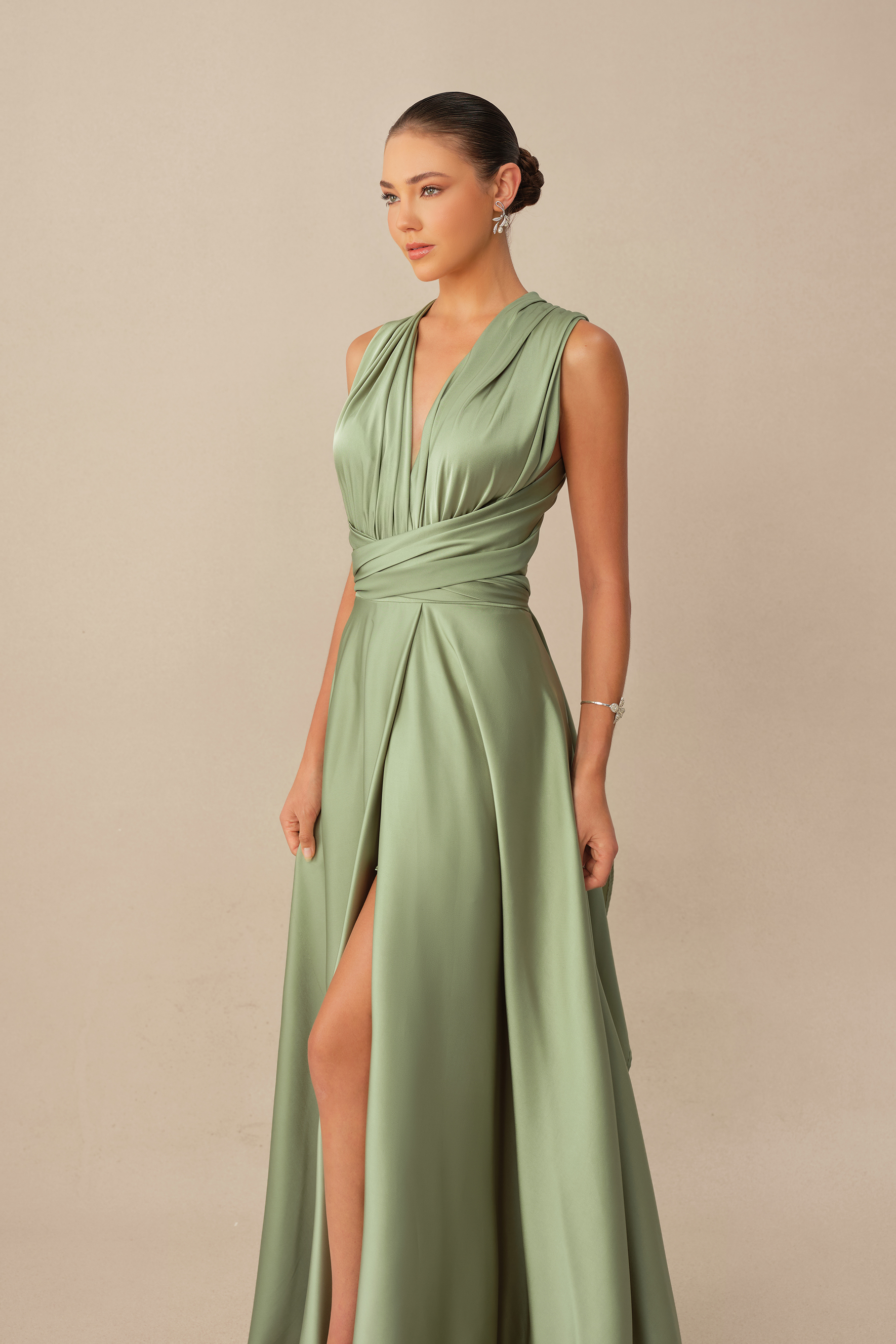 Graceful Feeling Sage Green V Neck High Slit Satin Maxi Dress