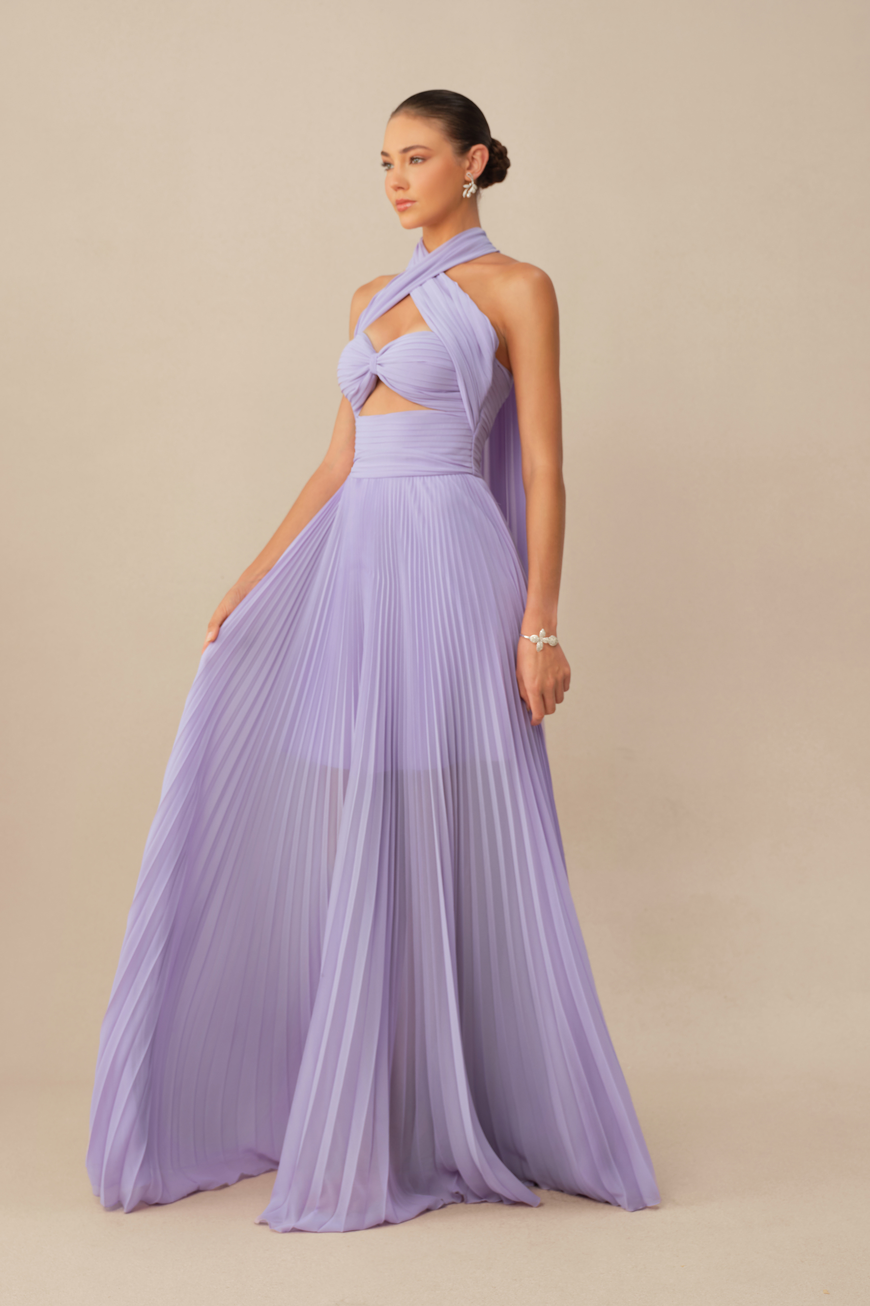 Unforgettable Purple Cross Halter Pleated Maxi Dress
