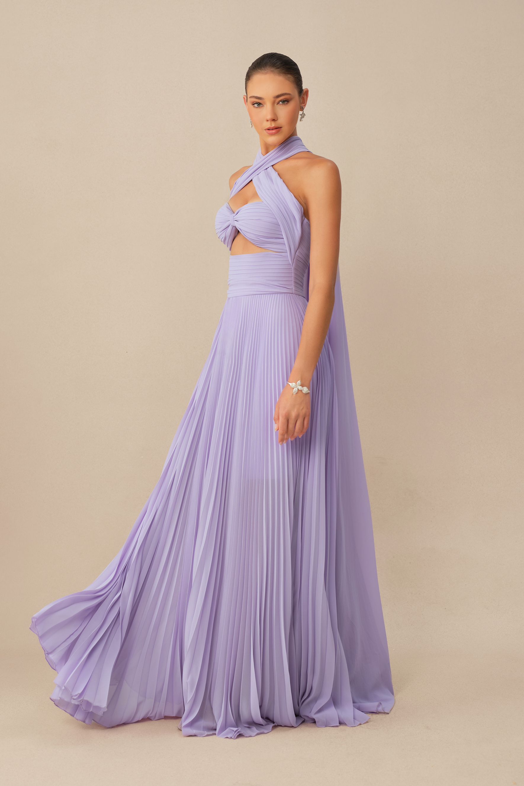 Unforgettable Purple Cross Halter Pleated Maxi Dress
