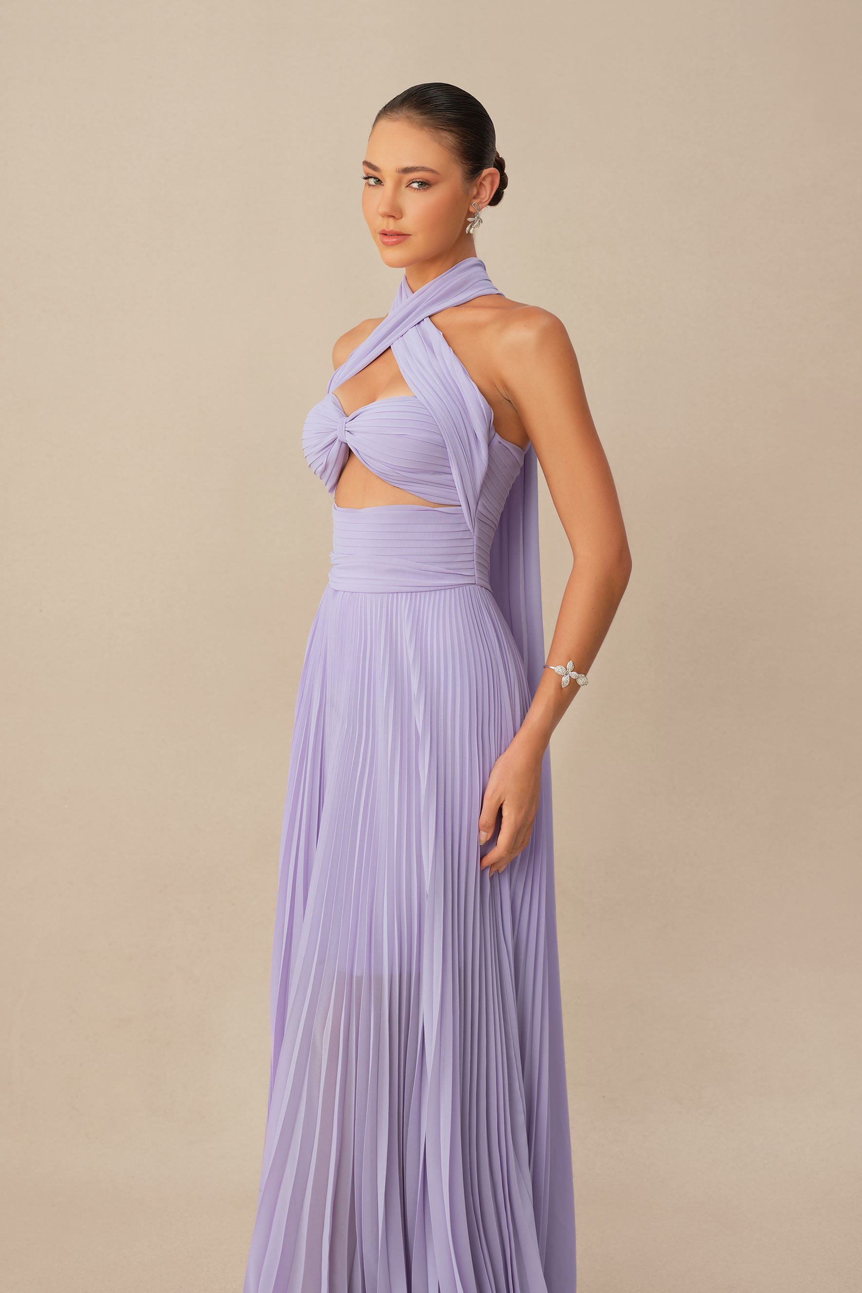 Unforgettable Purple Cross Halter Pleated Maxi Dress