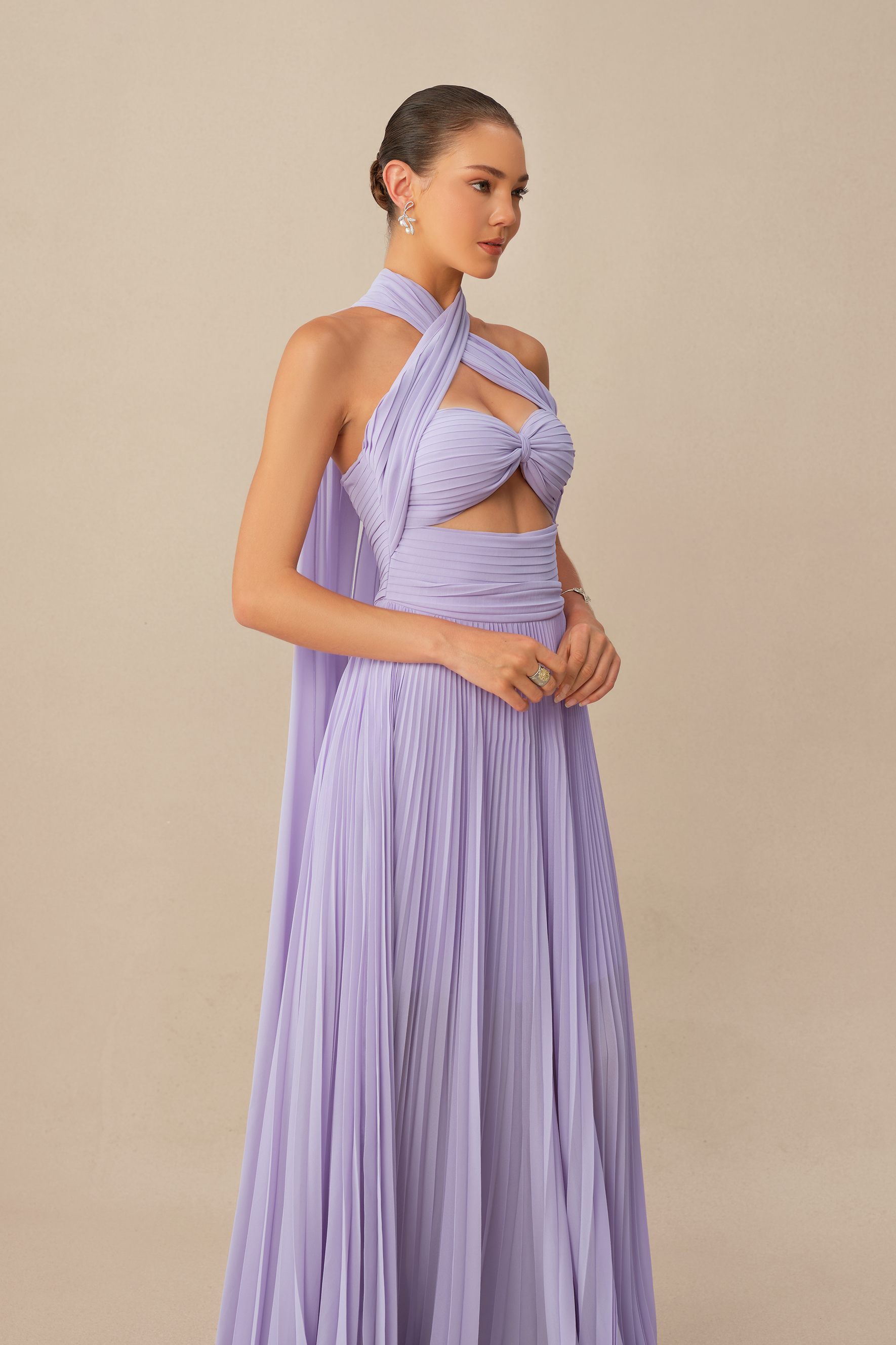 Unforgettable Purple Cross Halter Pleated Maxi Dress