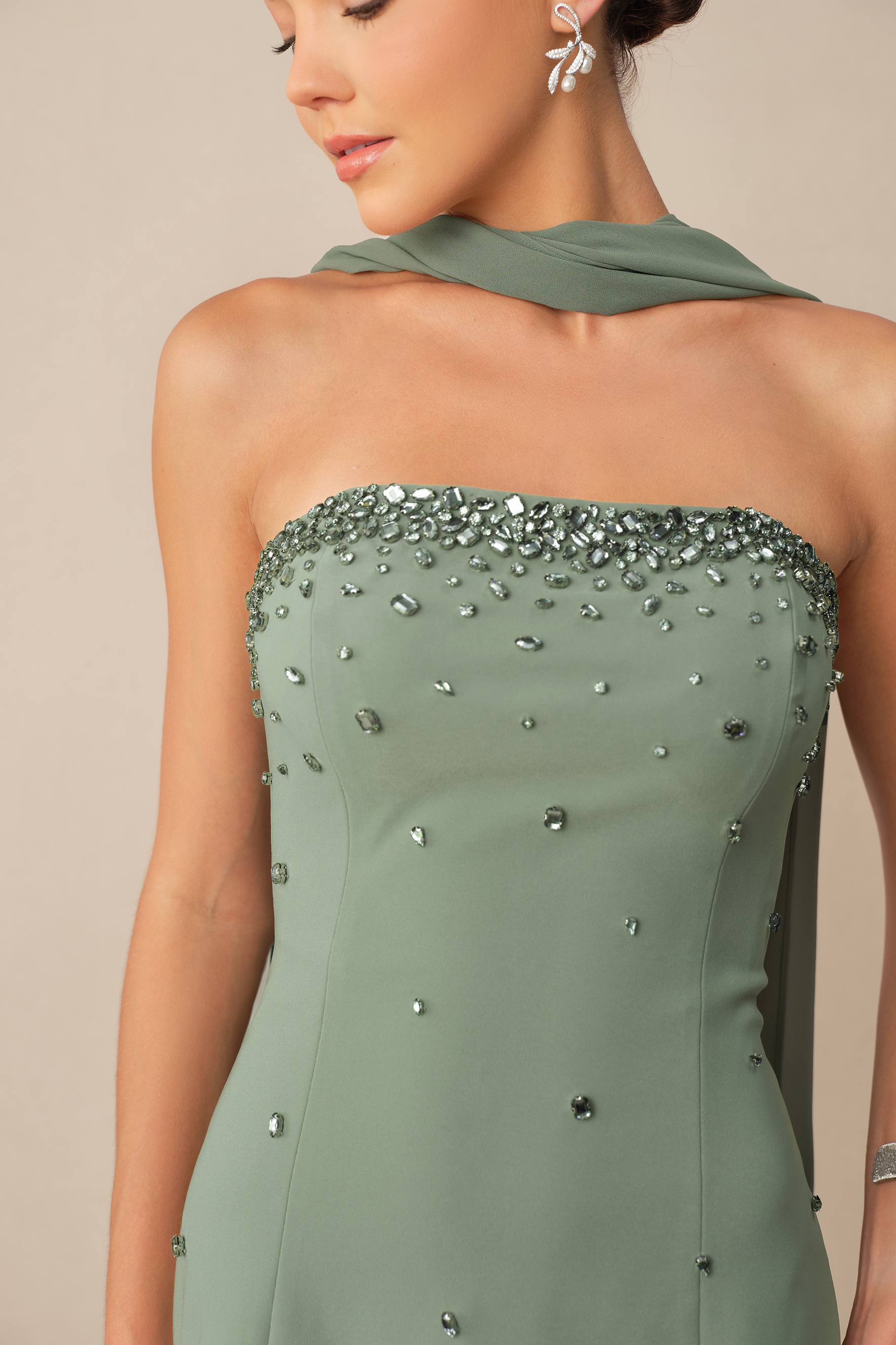 Main Focus Green Embellished Strapless Dress & Scarf Set