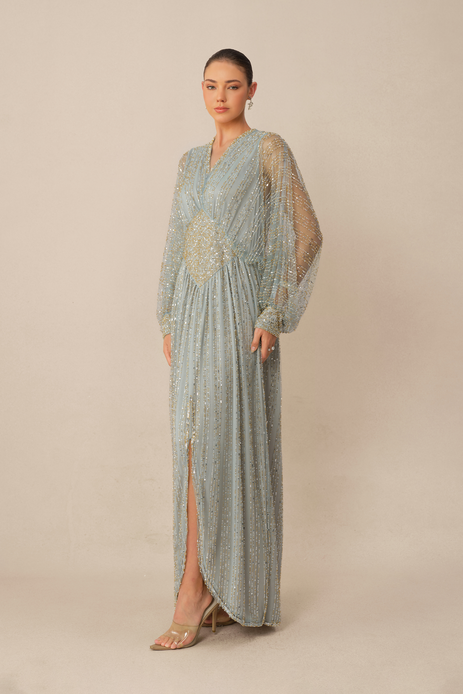 Moonlit Romance Blue Beaded Sheer Balloon Sleeve Maxi Dress – sunfere