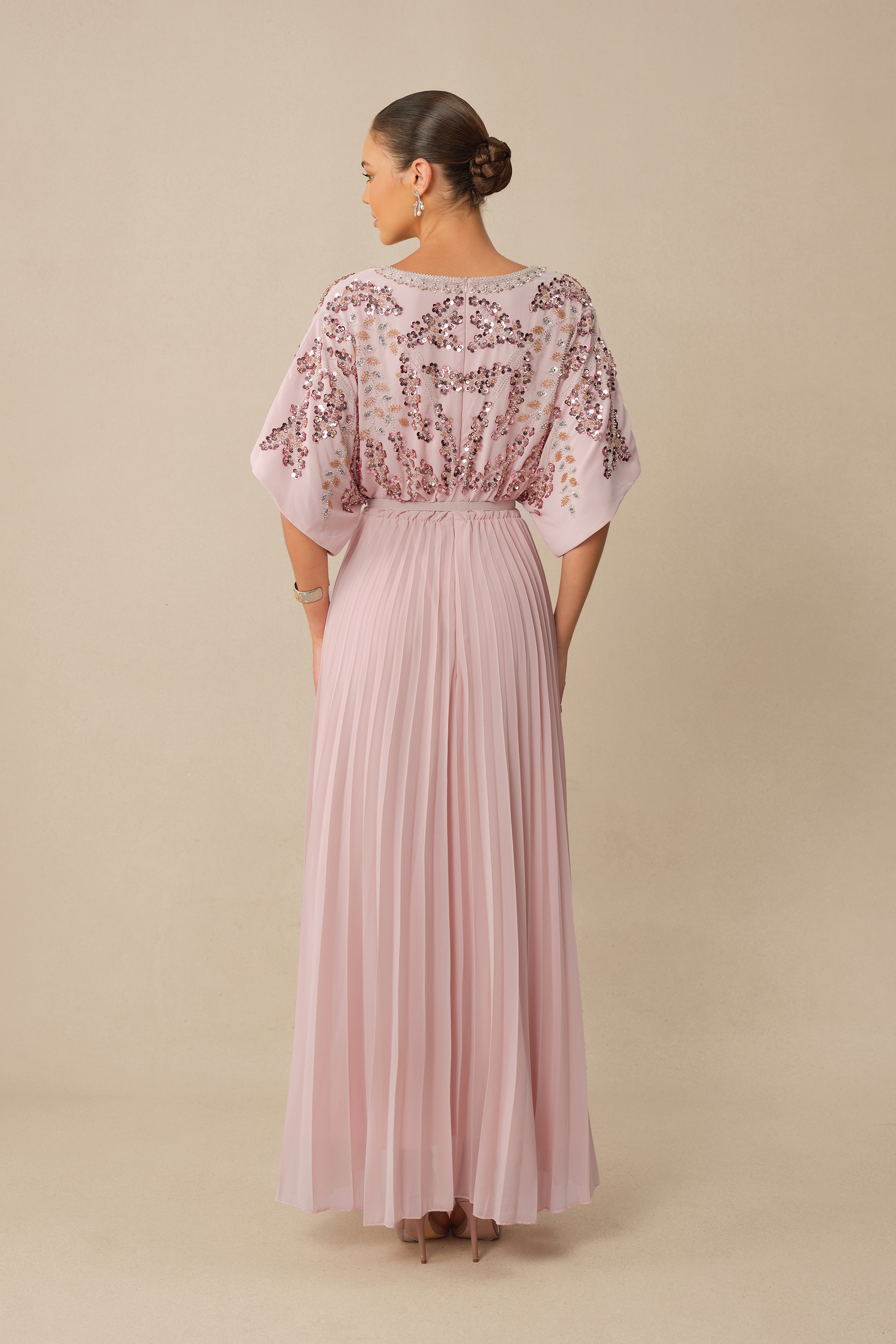 Endless Elegance Pink Sequin Embellished Batwing Sleeve Maxi Dress