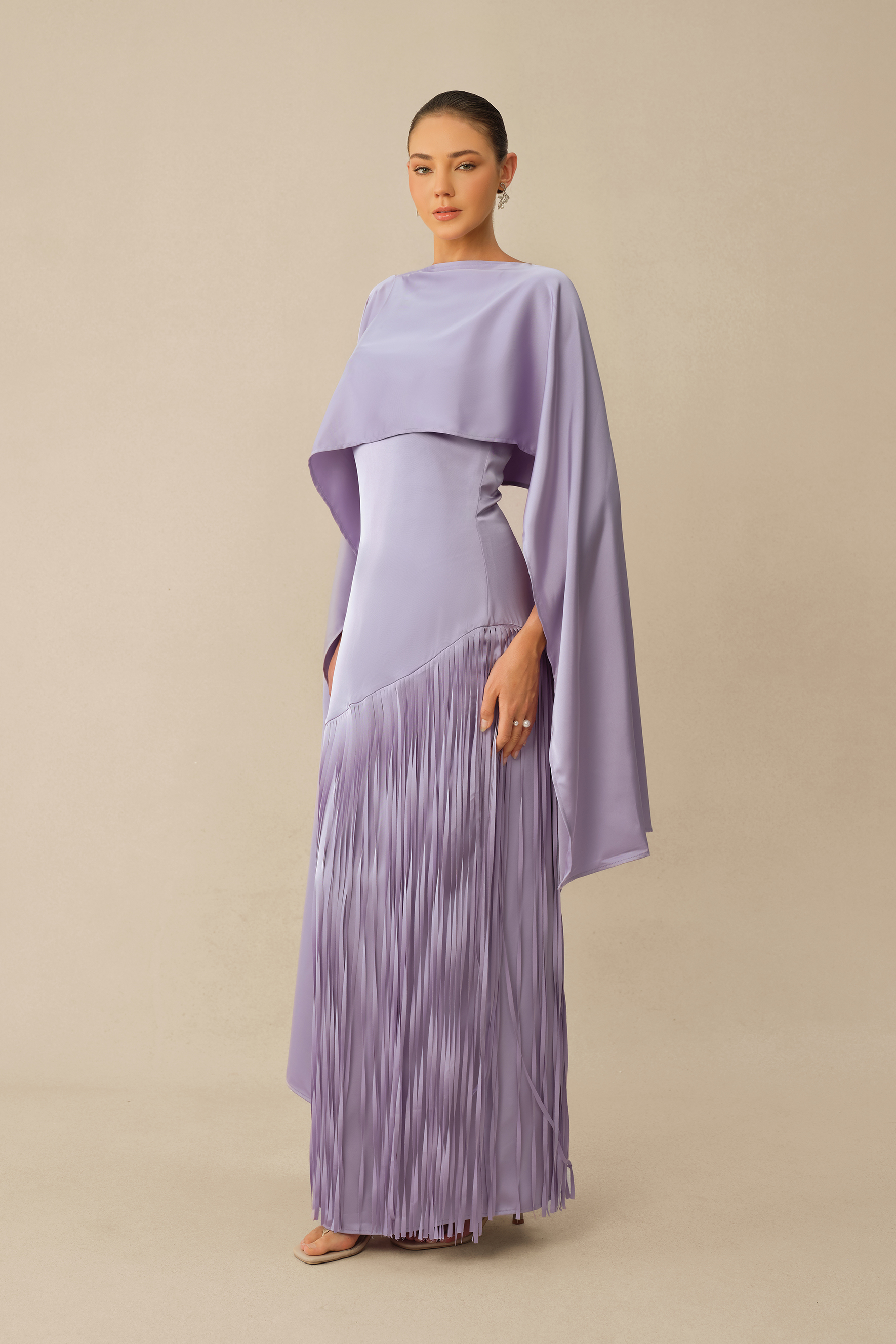 Classic Elegance Purple Satin Cape & Fringe Maxi Dress Set